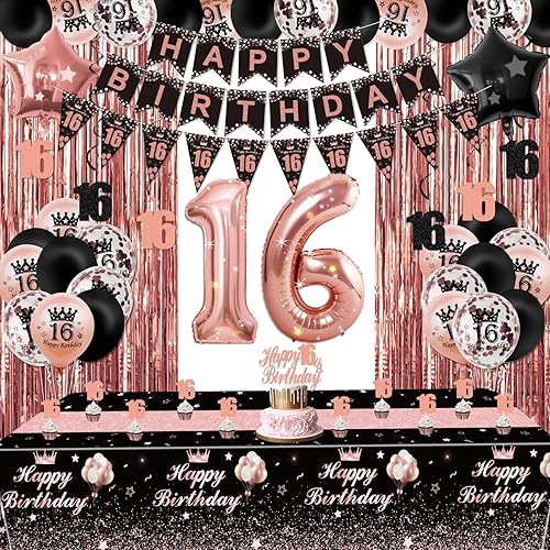 Miniatura 32 de Decoraciones de fiesta de oro rosa y negro – Cartel de feliz cumpleaños, globos, cortinas de flecos, mantel y decoración de pastel para niñas de 1