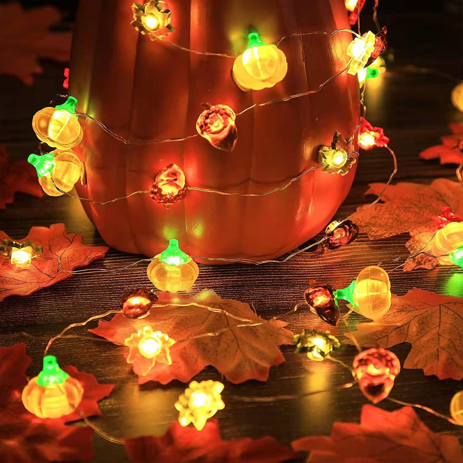 LilaLemon 6ft 20 LEDs Autumn Lights Decorations,3D Orange Fall Pumpkin Maple Leaves String Lights USB Operated for Thanksgiving,Halloween