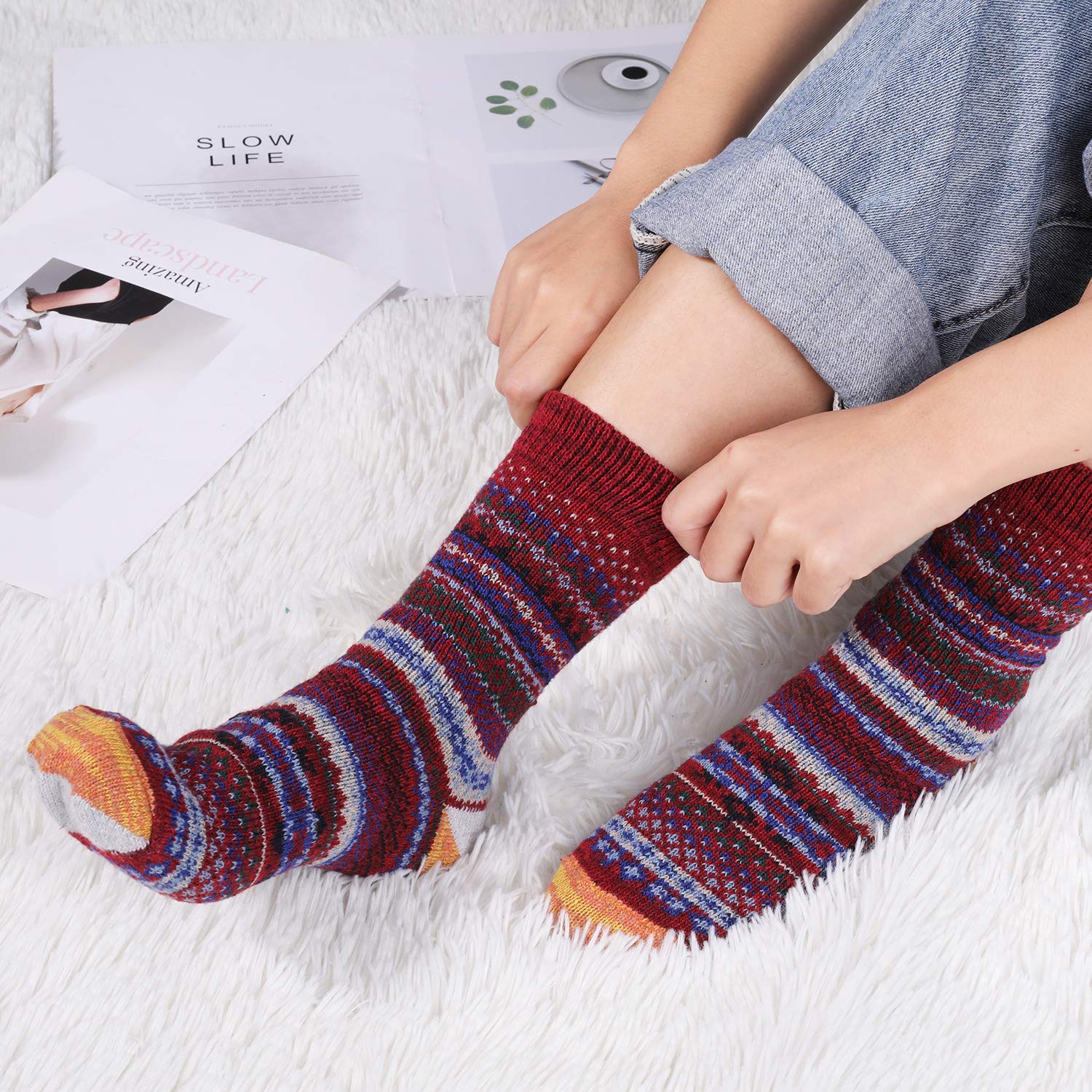 Fixget Calze Termiche Donna, 6 Paia Calzini Calde Donna Invernali, Calzini Termici Donna Calza Spessa per Donne Vintage Stile Country