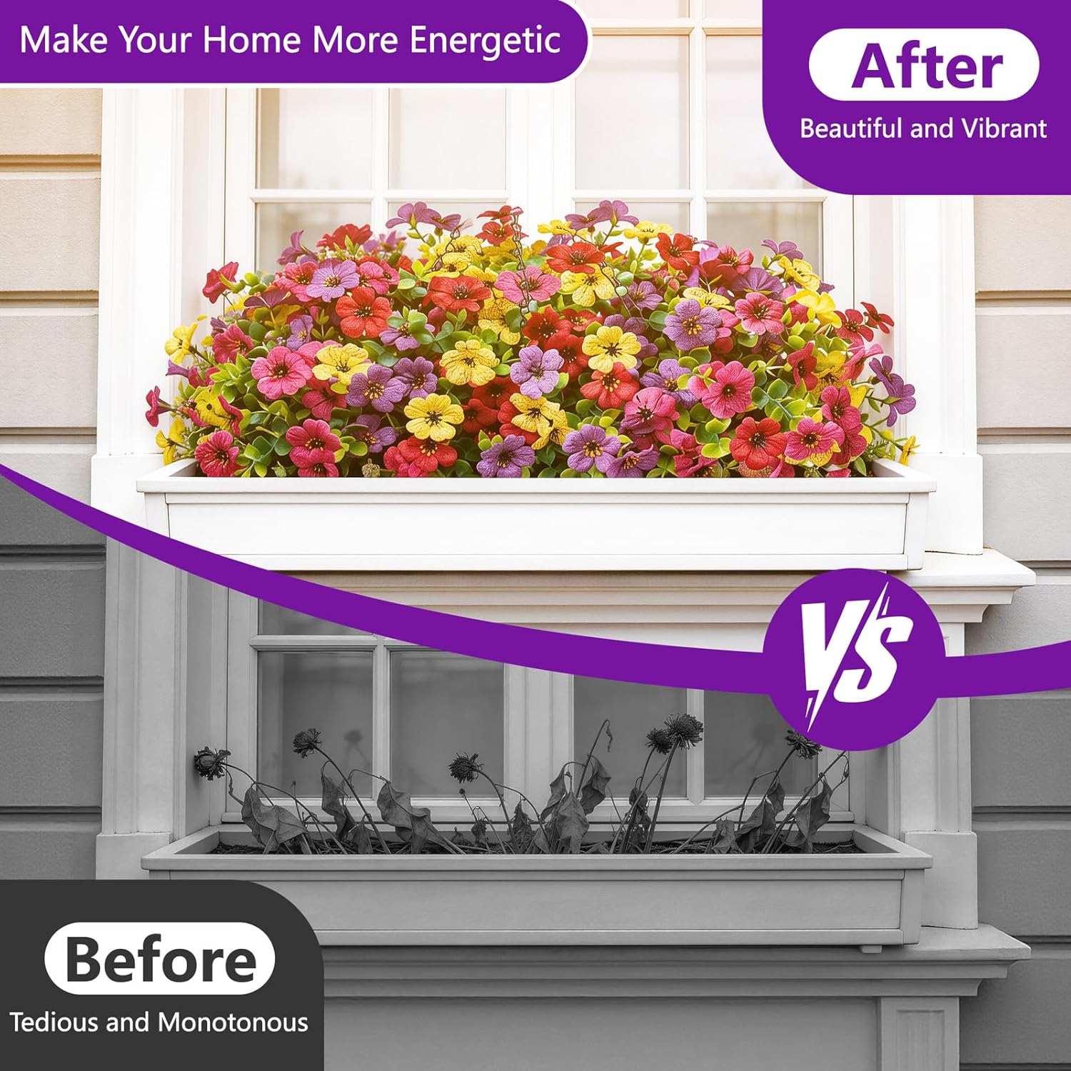 Artificial Flowers for Outdoor, UV Resistant Faux Silk Flowers, 12 Pcs Total with 4 Vibrant Colors, Waterproof Lifelike Blooms for Garden, Porch, Patio, Balcony and Planter Box Decoration