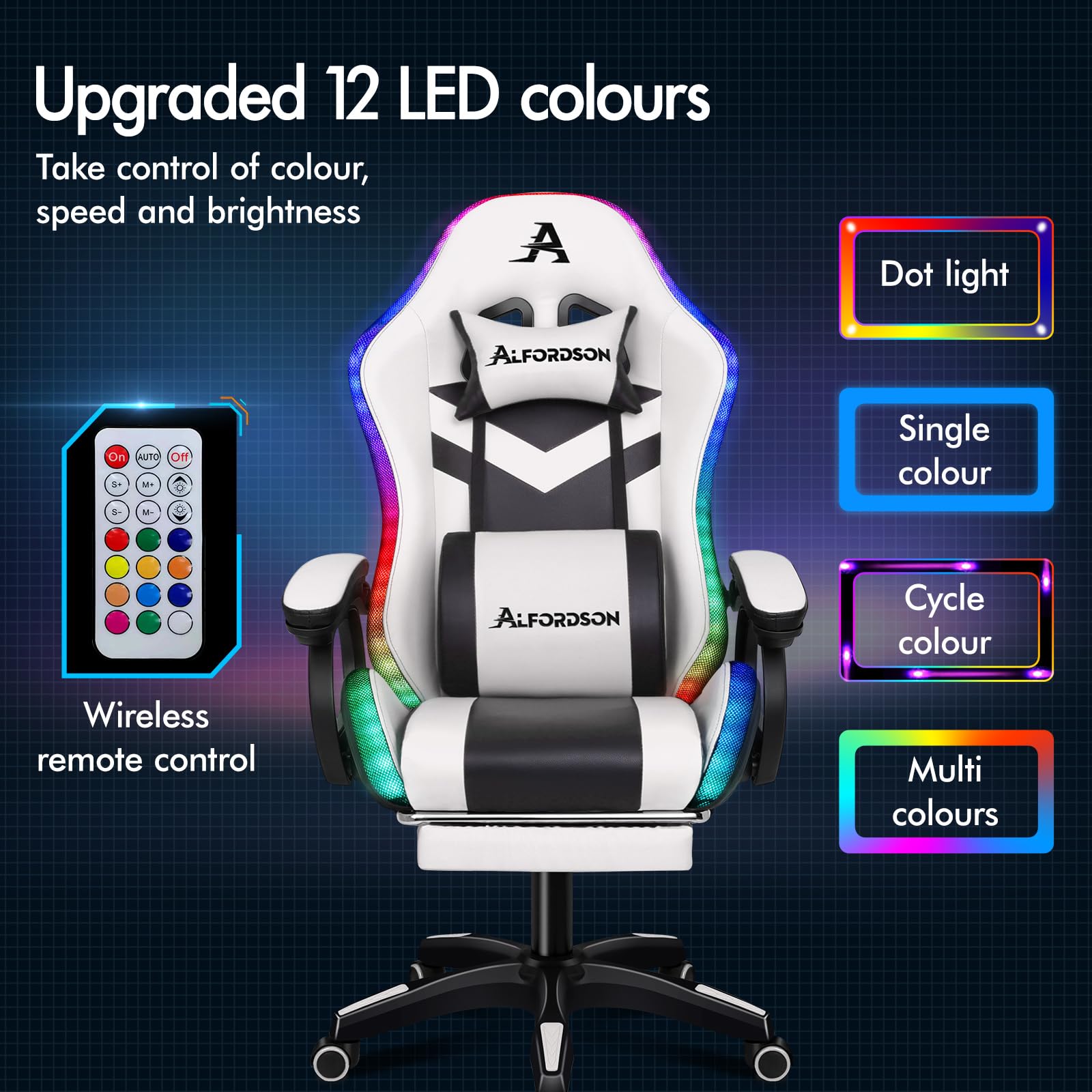 ALFORDSON Ergonomiczne krzesło do gier z oświetleniem RGB z 12 kolorowymi diodami LED, fotel z podparciem lędźwiowym i podnóżkiem, sztuczna skóra, biały