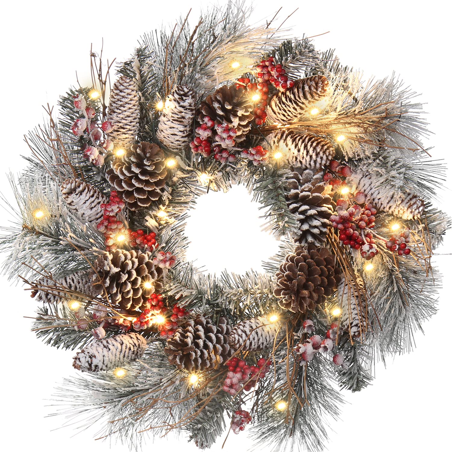 christmas wreath for front door 2434 large xmas wreath with flocked pinecone red berries battery operated 30 led lights for christmas outdoor window fireplaces walls home decor