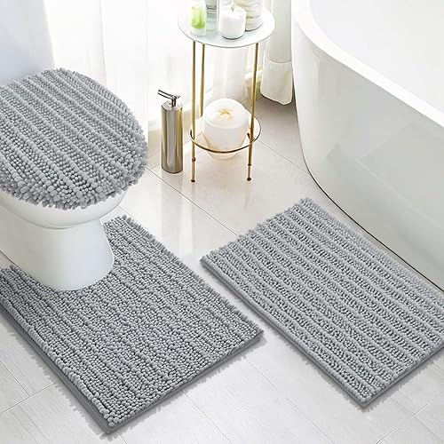 Arotive Luxury Chenille Bathroom Rugs 3 Piece with Toilet Lid Cover, Shaggy Soft and Absorbent Bath Rug, Non-Slip, Machine Washable Bath Mats for