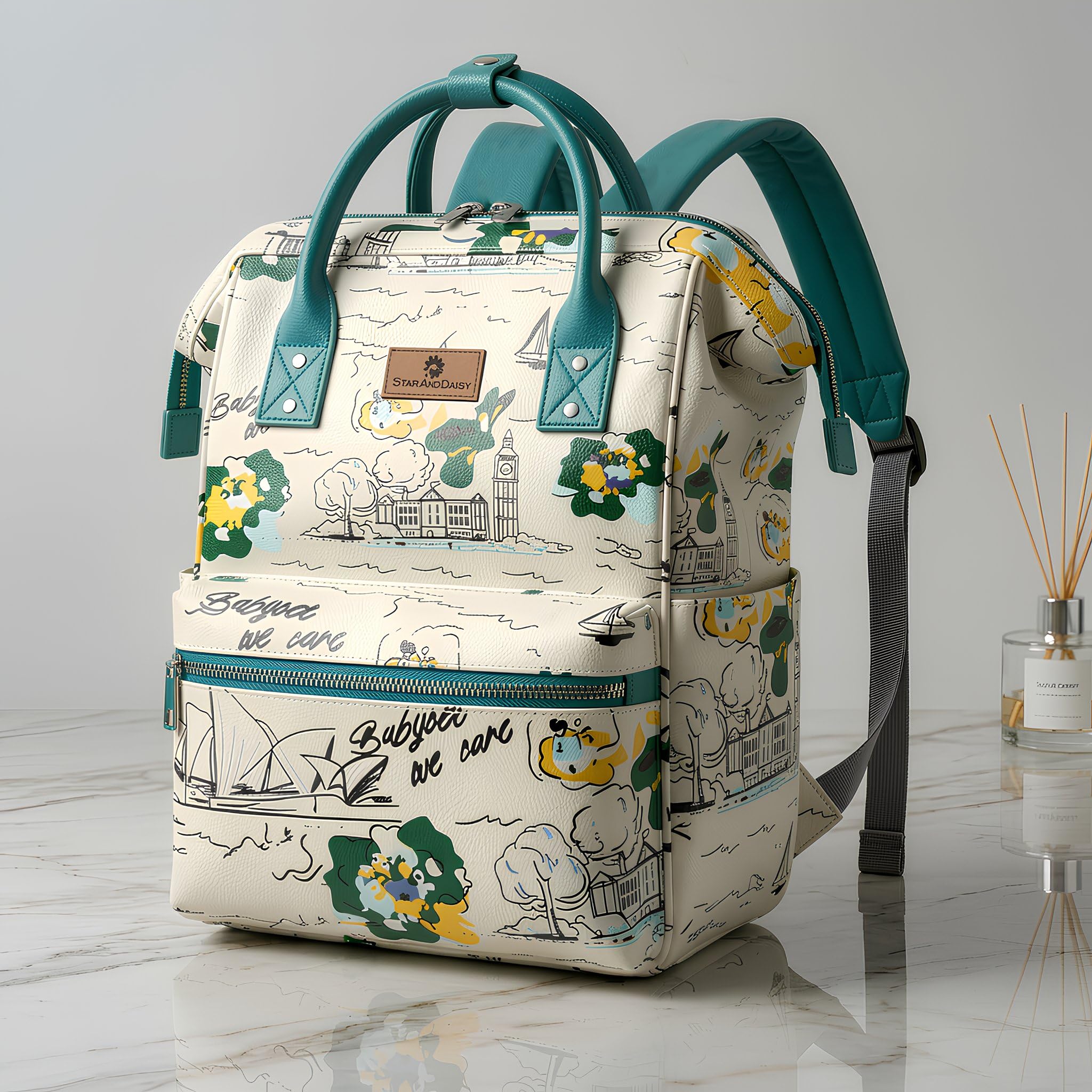 StarAndDaisy Baby Diaper Bag for Mother Travel/Diaper Bags for Mother for Travel with Laptop Pocket, Multi Compartments, Insulated Bottle Pockets, Waterproof, Ultra soft fabric - White Green-picture-31
