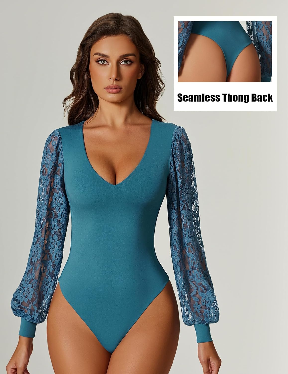 Avidlove Womens Long Sleeve Bodysuit Double Lined V Neck Lace Puff Sleeves Going Out Top Shirts Thong Leotard Body Suit - Image 3