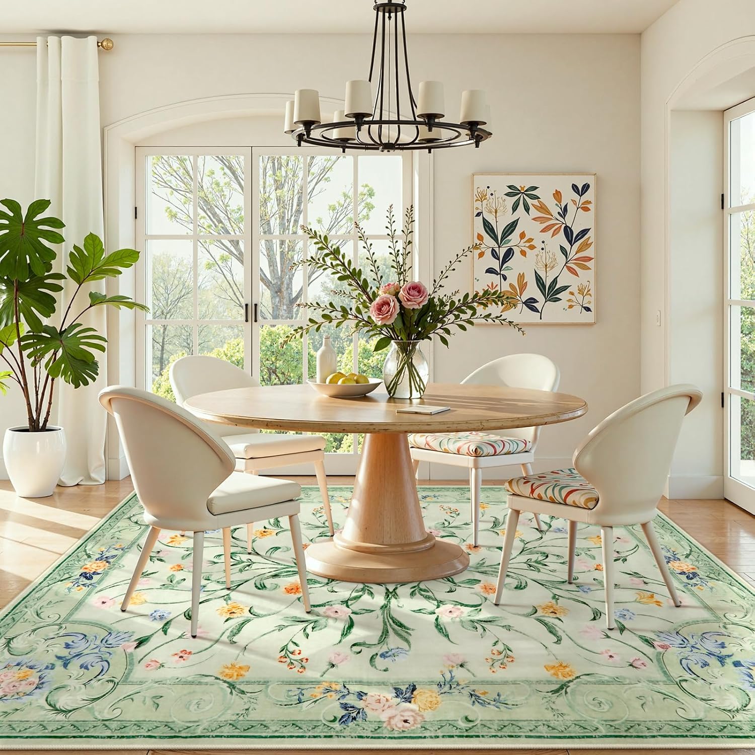 Morebes 5x7 Sage Green Area Rugs, Washable Floral Nursery Rug Non Slip, Soft Low Pile Indoor Floor Carpet for Living Room Dining Playroom Home (Sage Green 5'x7')