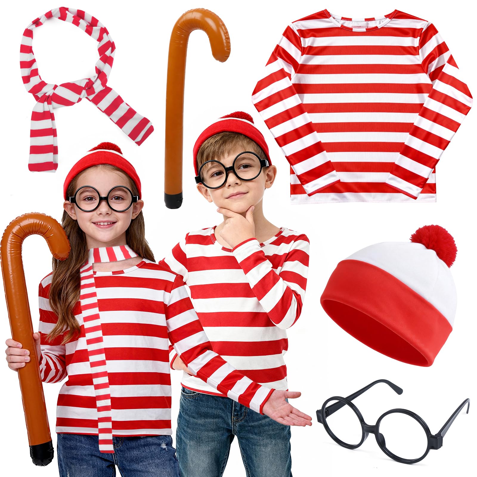 Kitimi 5Pcs Costume Set for Kids Boys Girls, Red and White Striped Top with Nerd Glasses scarf Beanie Hat Crutches Accessories, World Book Day Fancy Dress Cosplay Costume