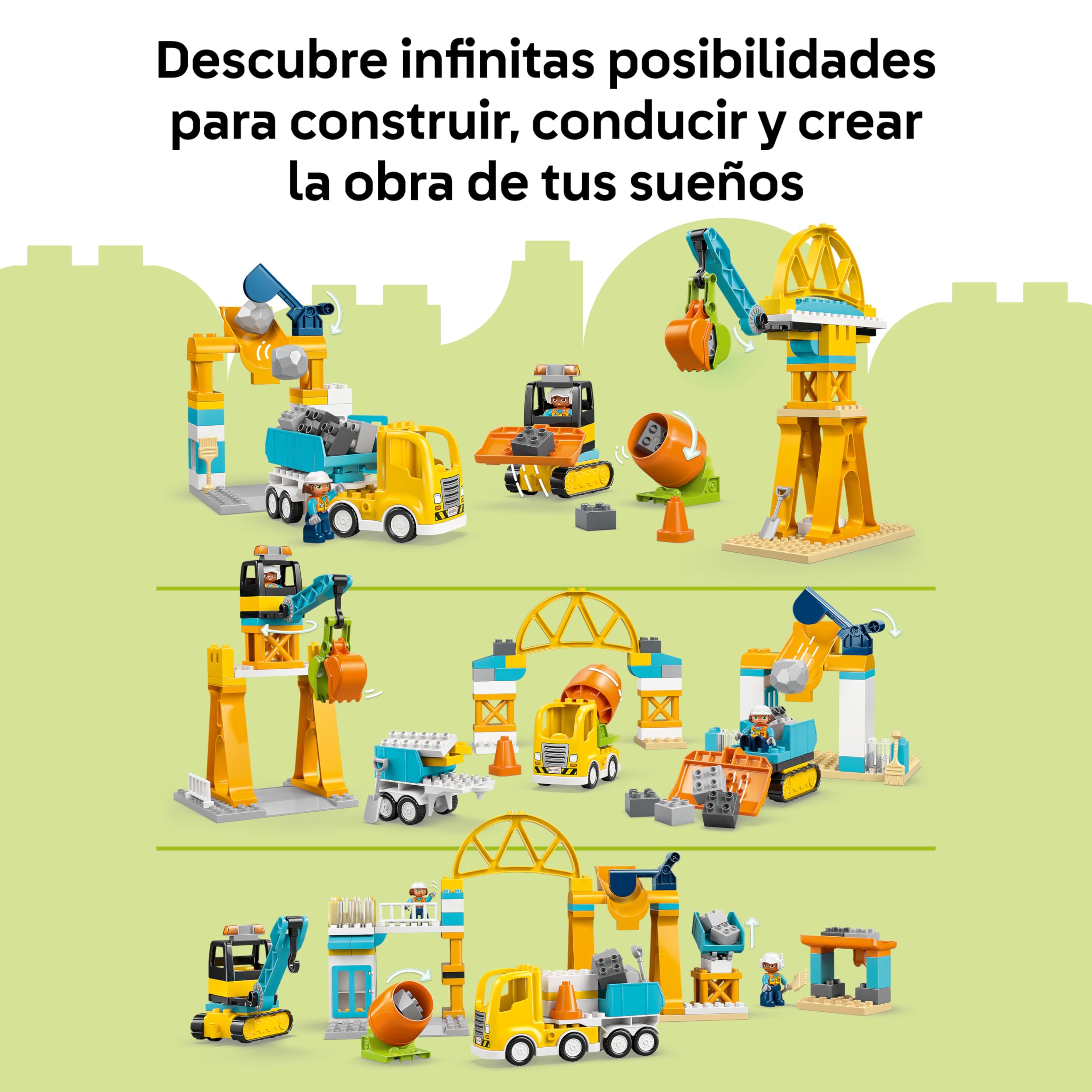 LEGO Duplo Obra y Vehículos de Construcción “3 en 1” - Juego Educativo para la Motricidad Fina - Camiones, Grúas, Excavadoras y Hormigoneras de Juguete - Regalo para Niños y Niñas de 3+ Años - 10476
