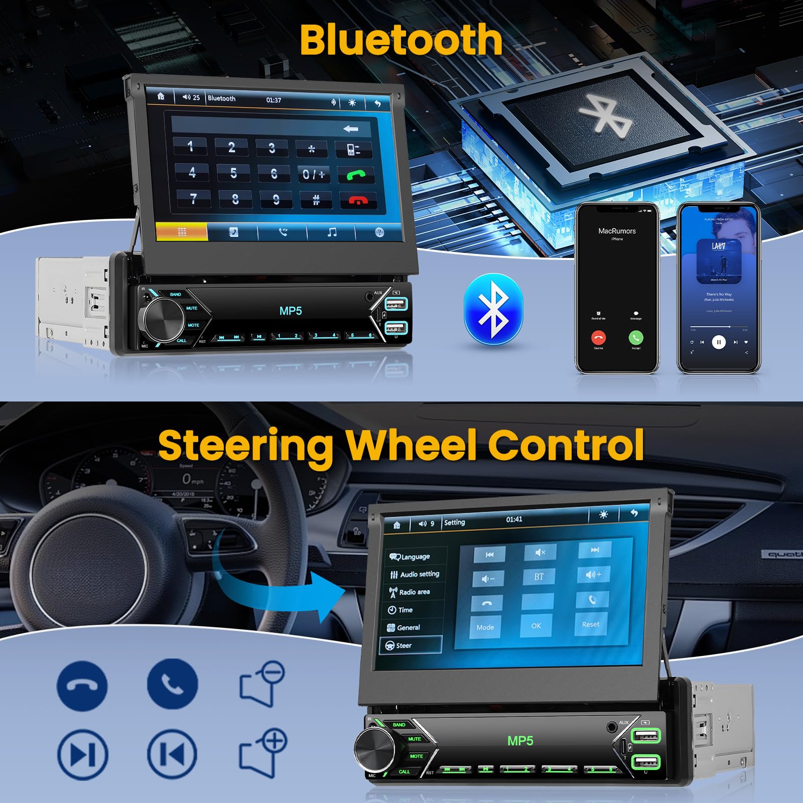 Radio samochodowe 1 Din z ekranem retractowym 7 cali, Bluetooth Flip Out, ekran stereo samochód 1 DIN, obsługuje łącze Mirror Link/Type-C, USB, FM, EQ/AUX, sterowanie na kierownicy z kamerą cofania