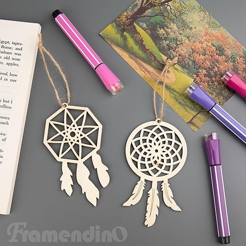 Miniatura 7 de Framendino, Paquete de 40 kits de atrapasueños de madera, adornos decorativos colgantes para pintar para decoración del árbol del hogar