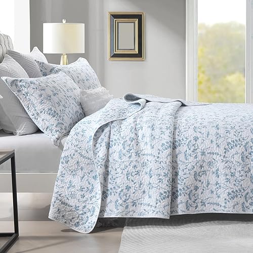 Miniatura 3 de KALOOLA Colchas florales tamaño Queen - Juego de edredón 100% algodón azul, colcha reversible ligera tamaño queen, juego de ropa de cama de granja