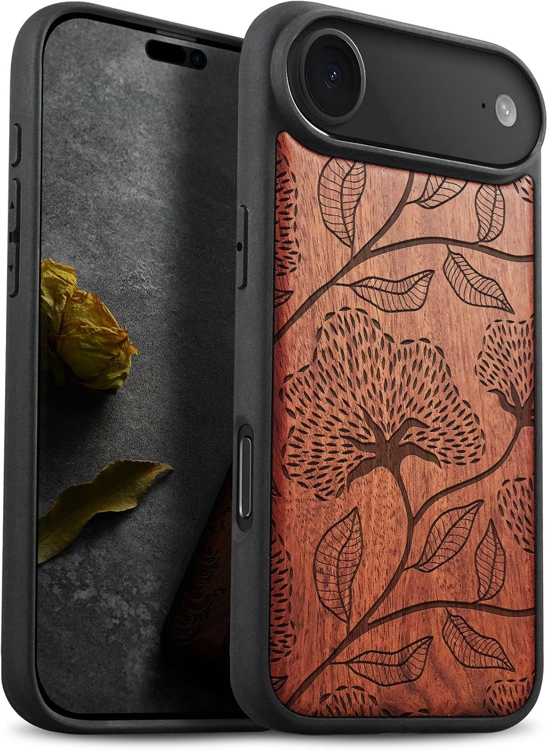 Carveit Magnetic Wooden Case for iPhone Air Case, Wood Artisan Engraved & Soft TPU Shockproof Cover, Compatible with MagSafe 17 Air Wireless Chargers (Textured Beauty in Botanical Art) Rosy