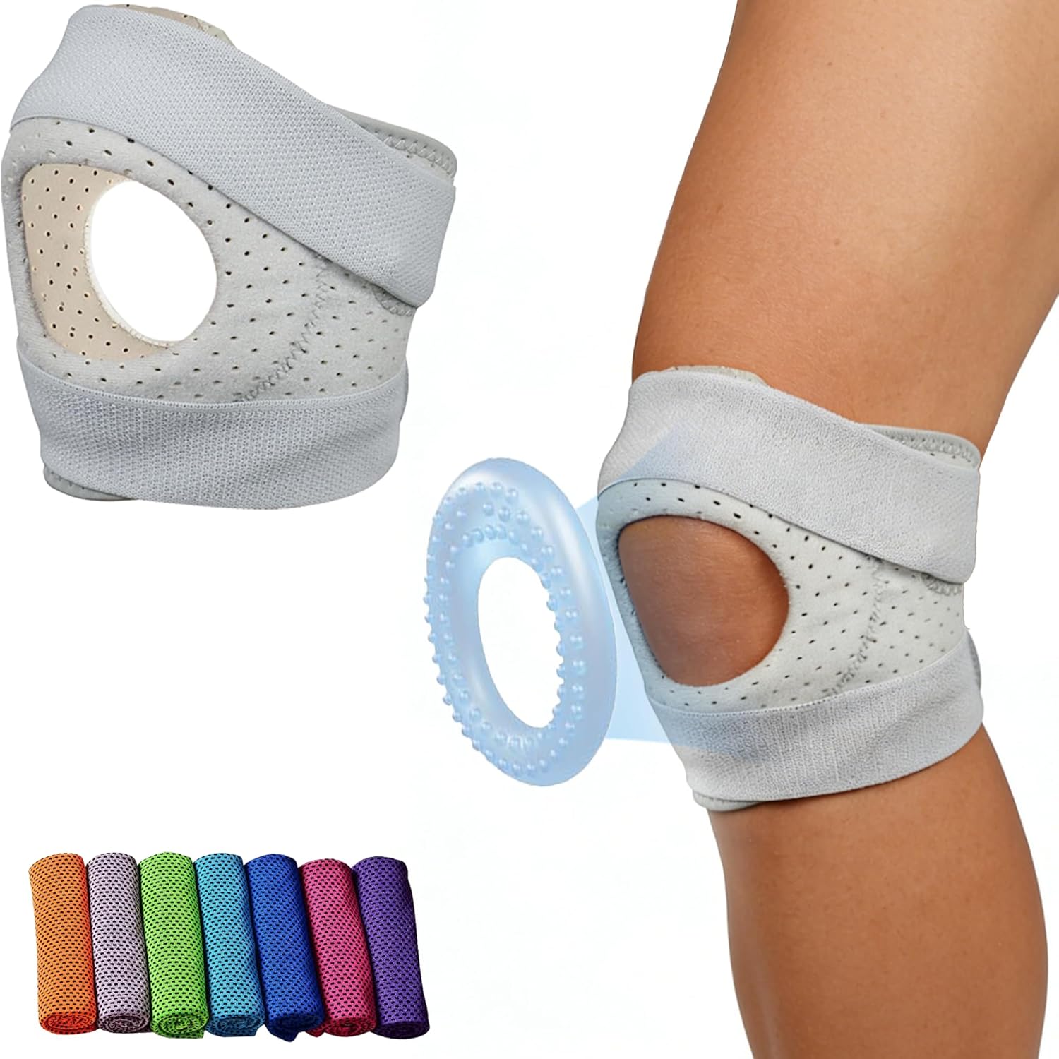 Knee Brace Knee Pain Relief Adjustable Breathable Knee Support Strap for Men Women, Meniscus Tear Arthritis Running Workout Includes Cooling Quick Dry Towel (Grey)