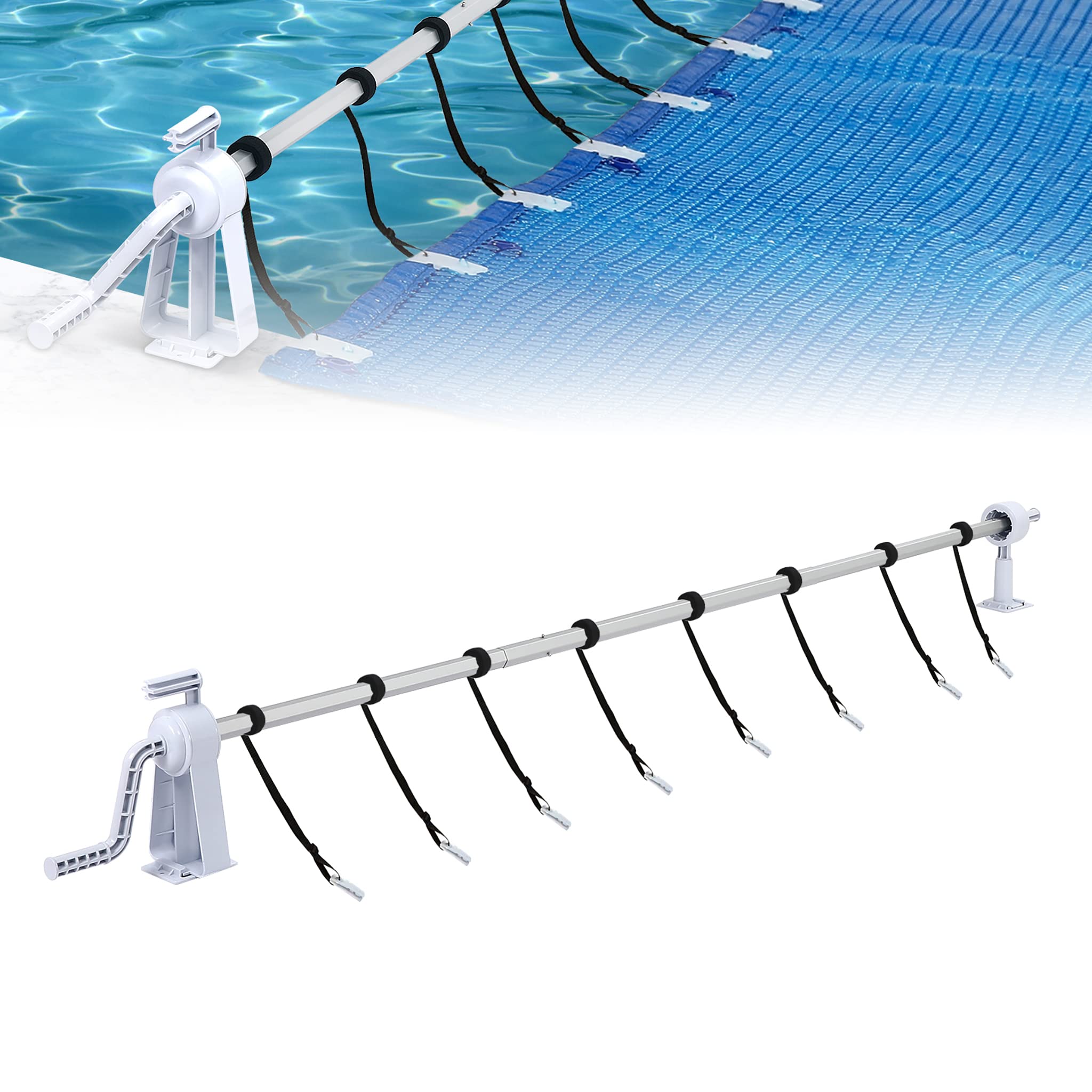 LZQ Enrouleur Bache Piscine, mobile en aluminium avec 8 bandes de fixation pour bâche solaire et bâche de piscine - Réglable de 1,05 à 6,15 m