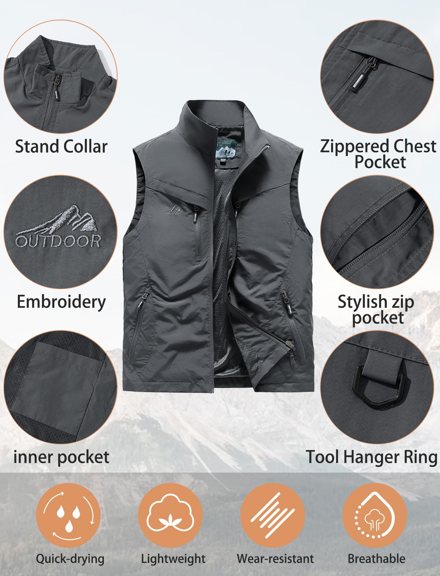 AIEOE Gilet da uomo multi tasche senza maniche con colletto alla coreana gilet da pescatore gilet da campeggio con cerniera