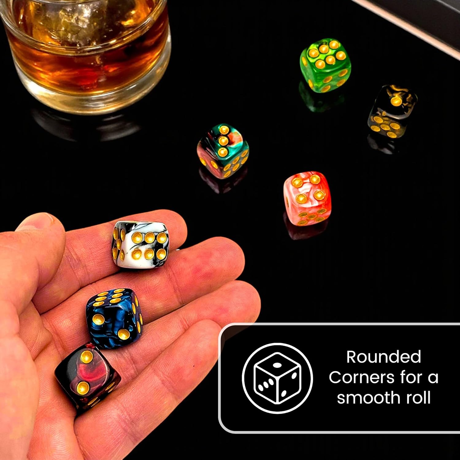 Luck Lab 48 Pack of 16mm Marble Swirl D6 6 Sided Dice Set with Round Corners - Board Game Dice for MTG DND Tenzi Farkle Yahtzee Bunco or Learning Math (Gold Pip Multicolor Swirl)