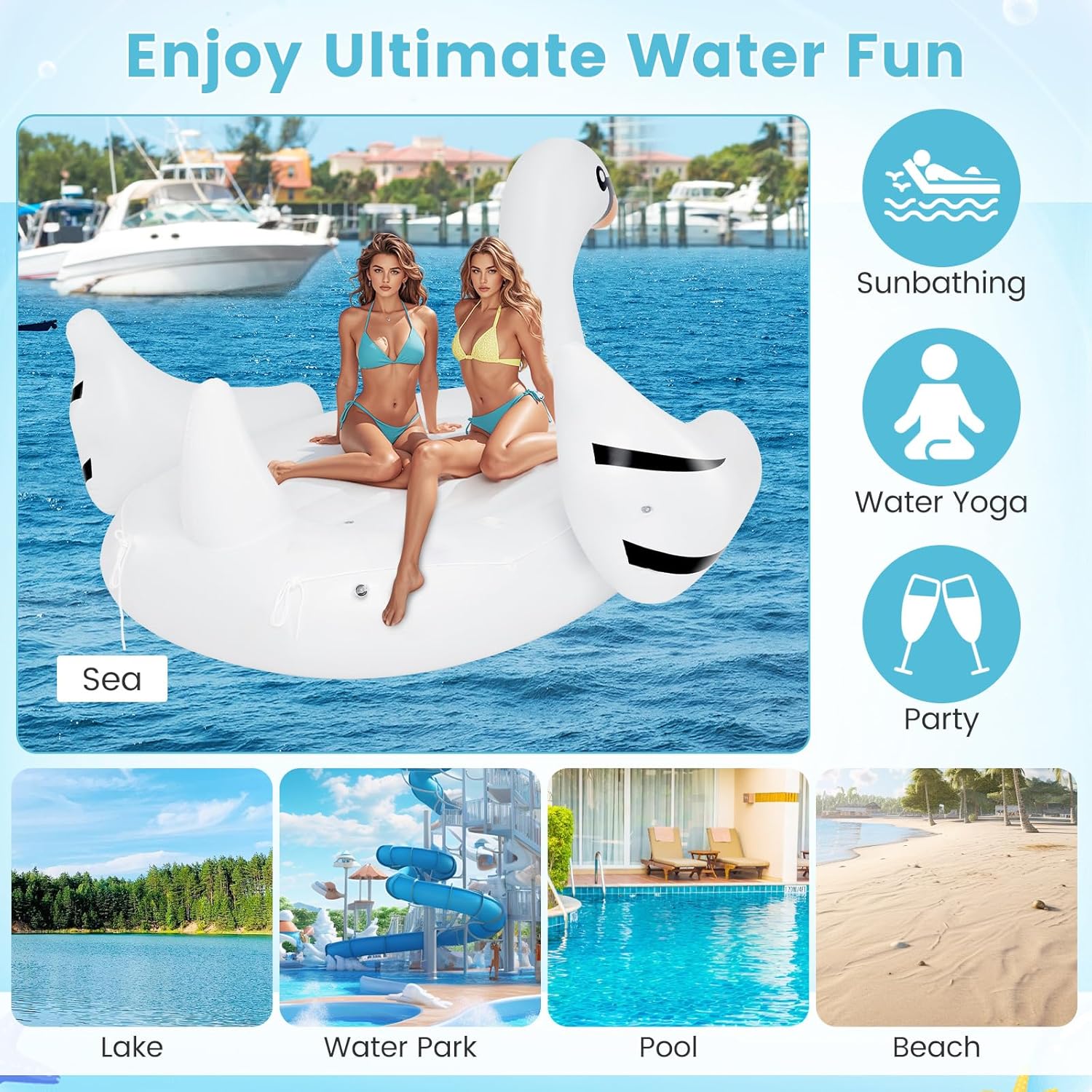 Moccha Giant Swan Pool Floats - 4-Person Inflatable Island w/Built-in Cup Holders, Electric Pump & Mooring Rope, Blow-up Party Floats, Tanning Pool Lounger Raft, Floating Island