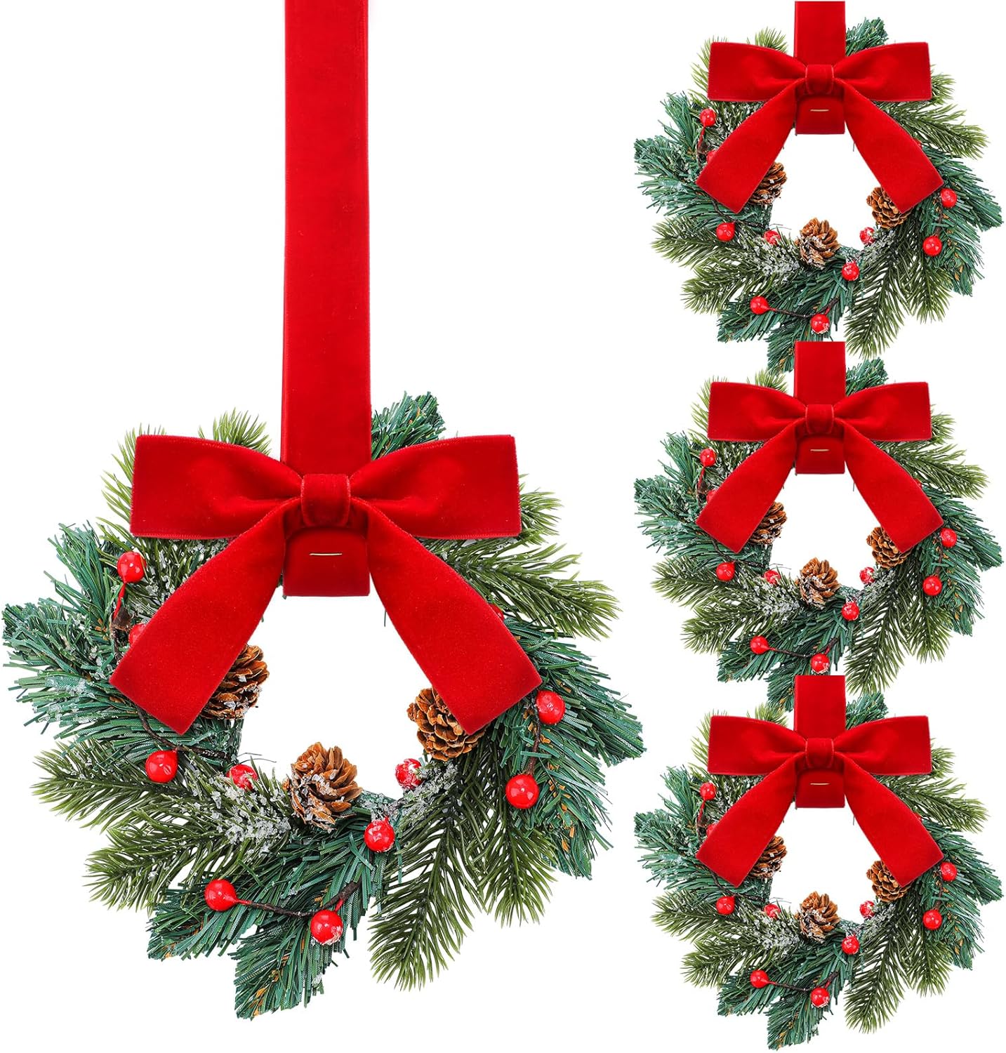 6 Pcs Mini Christmas Wreaths for Cabinet Kitchen Windows Decors Bulk with Red Bow Small Artificial Norfolk Farmhouse Wreaths with Berry Pine Cone for Fireplace Front Door Porch Wall Hanging