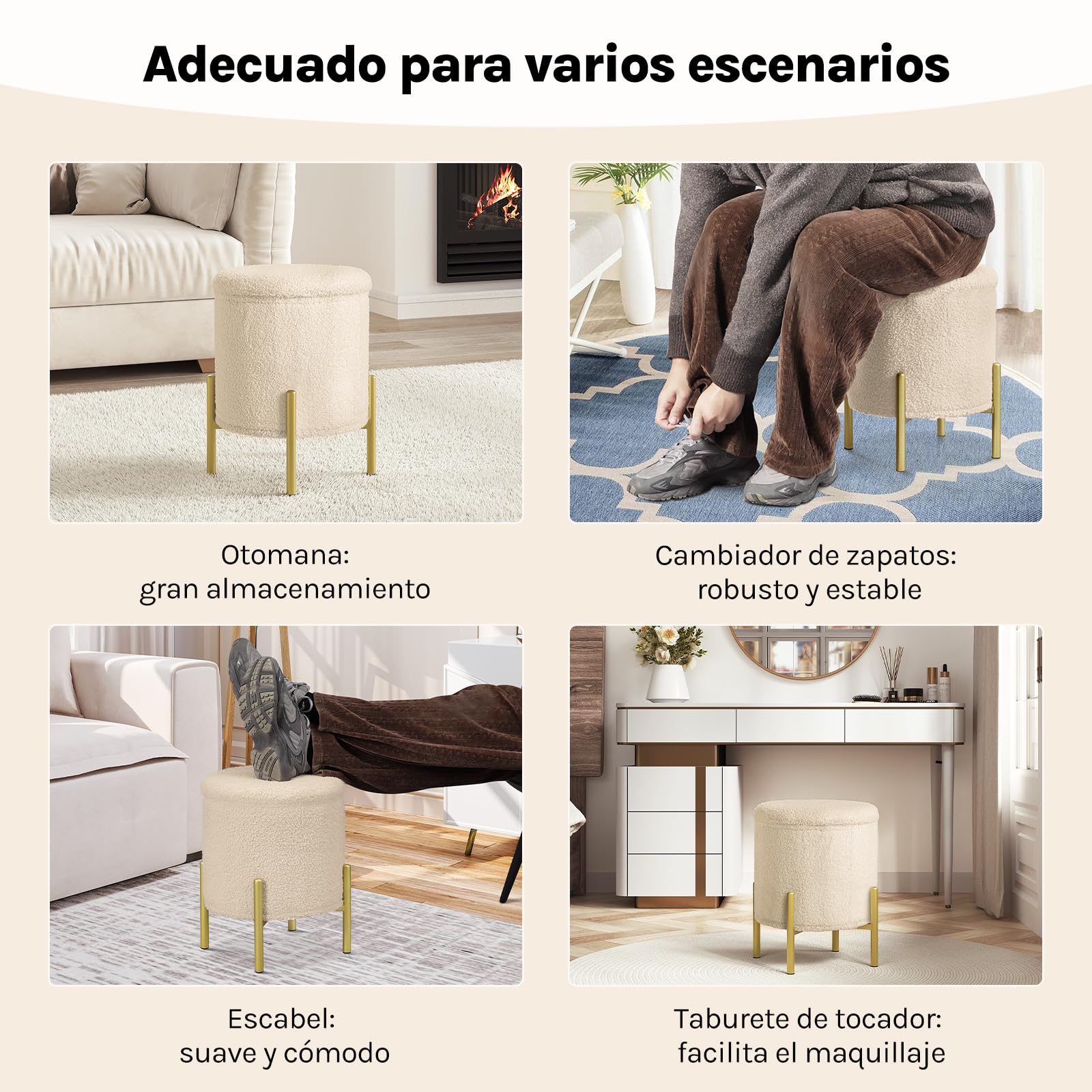 WOLTU Puff Almacenaje, Taburete Plegable, Reposapies de Sofá, Taburete Redondo para Salón y Dormitorio, Baúl de Patas de Metal, Tela Polar Teddy, MDF, φ35x41 cm, Beige | Beige redondo para salón, dormitorio o pasillo con tapa y patas de metal