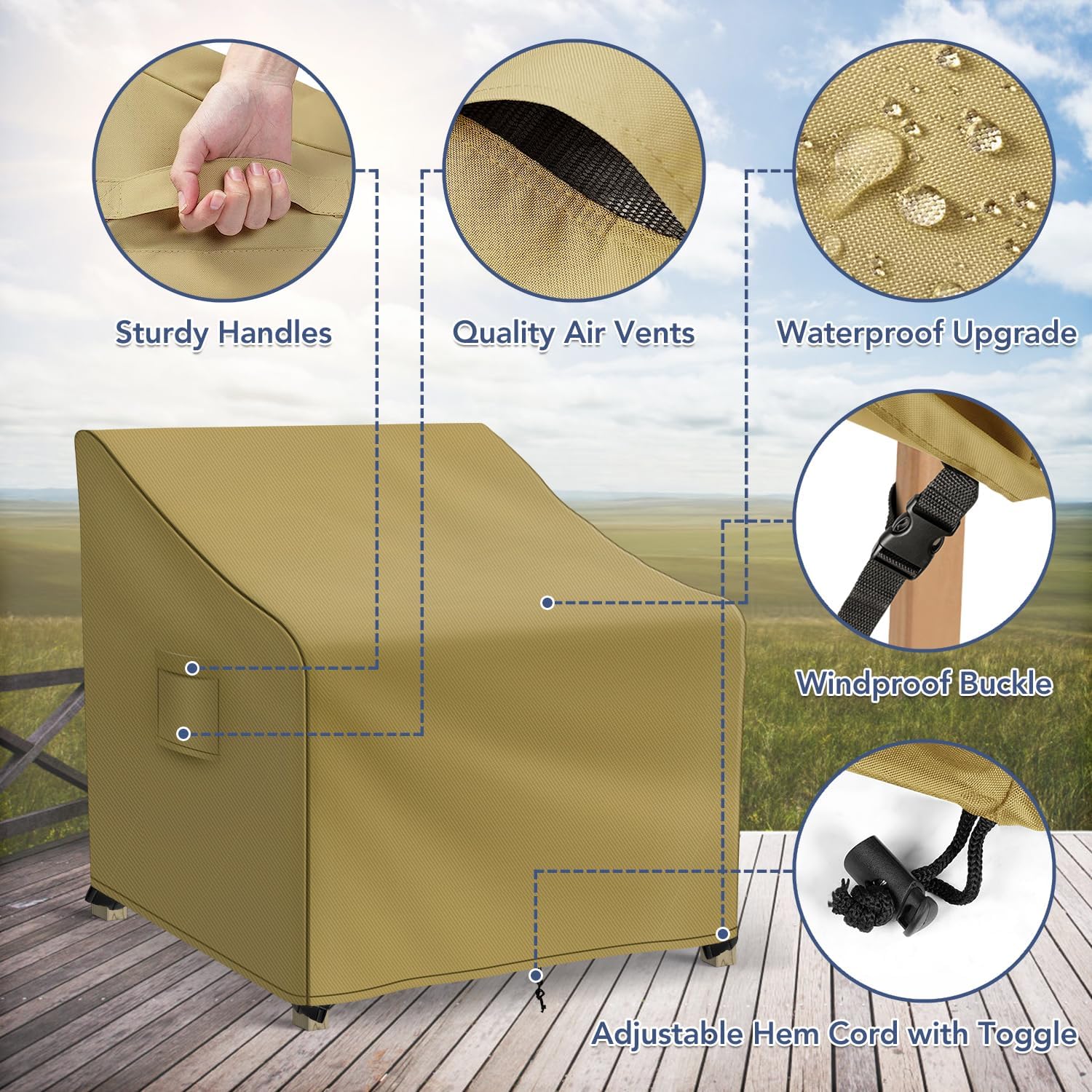 Richwon Adirondack Chair Covers Waterproof, Lawn Outdoor Chair Covers 2 Pack, Patio Chair Covers for Outdoor Furniture Fits up to 32W x 37D x 36H inches, Khaki