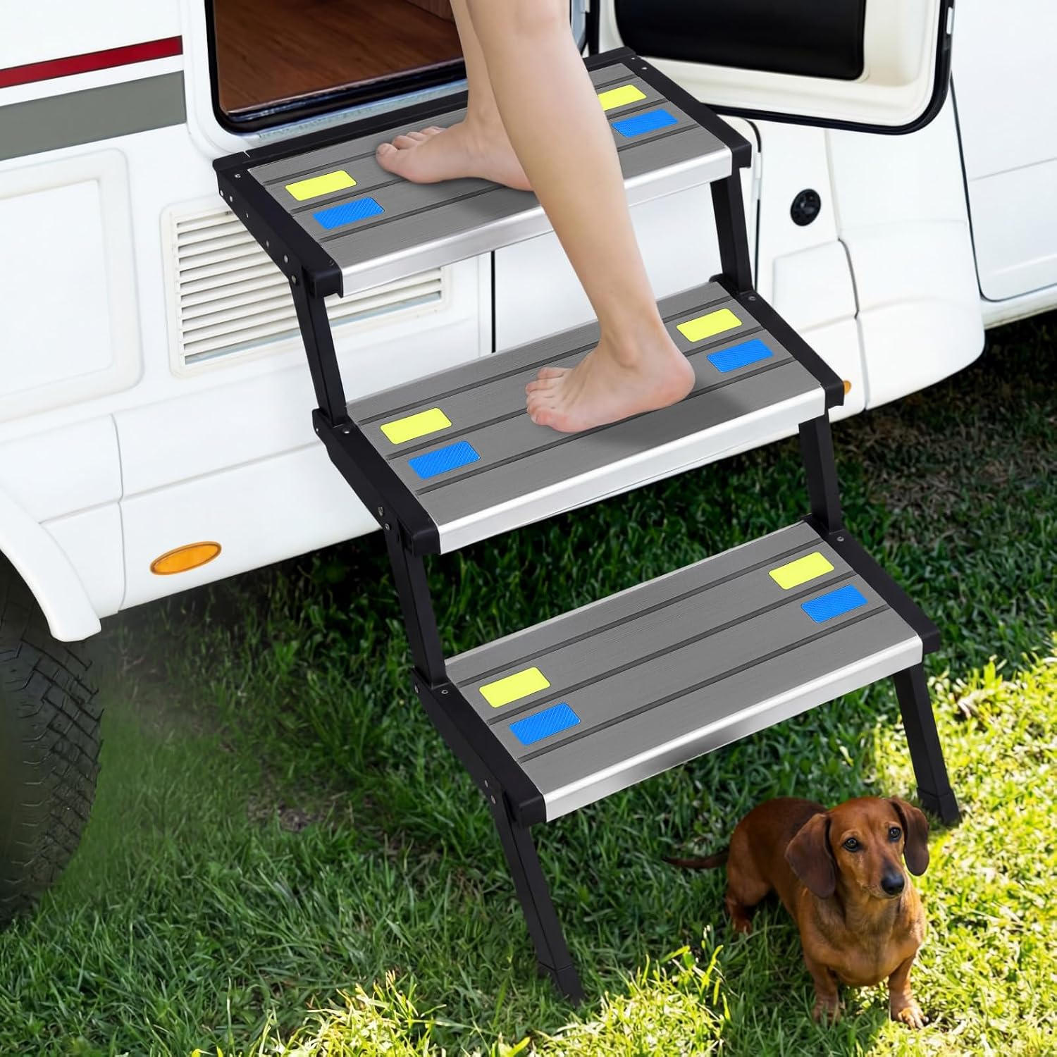 Breling 3 Pack 19x7.5 Inch Rv Step Covers Non-Slip, Trimmable Self Adhesive EVA Foam Camper Step Cover with Reflective Strips for Pets Dogs Trailer Motorhome Black