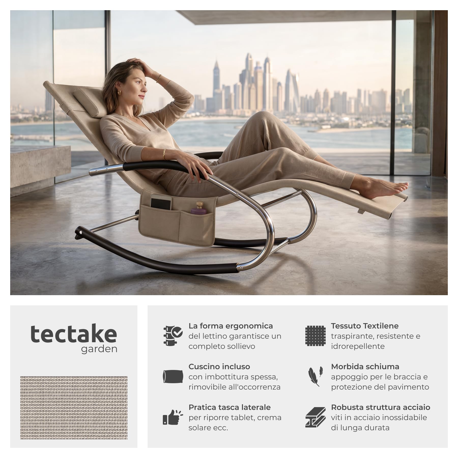 tectake® Lettino prendisole a Dondolo da giardino, Sdraio da Giardino, Cuscino Rimovibile, Telaio in Acciaio, Braccioli Imbottiti, Textilene Traspirante e Idrorepellente, Sedia a dondolo - Beige