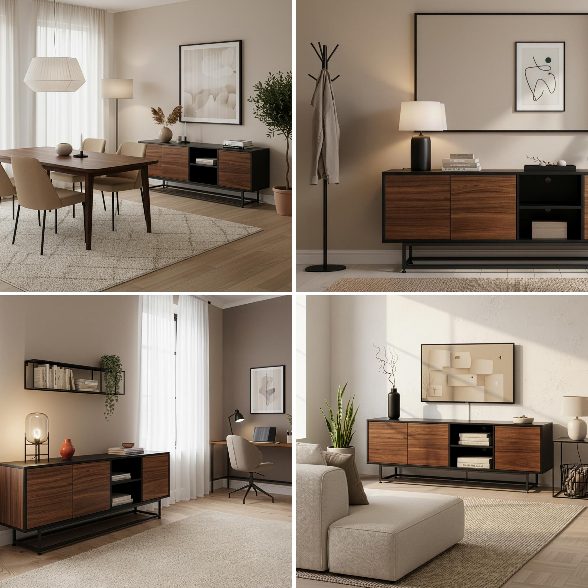 [en.casa] Aparador Boxholm para Salón Aparador Multiusos con 3 Compartimentos con Puertas y 2 Compartimentos Abiertos Mueble Auxiliar para Oficina Mueble de TV 160 x 30 x 57 cm - Negro/Efecto Nogal