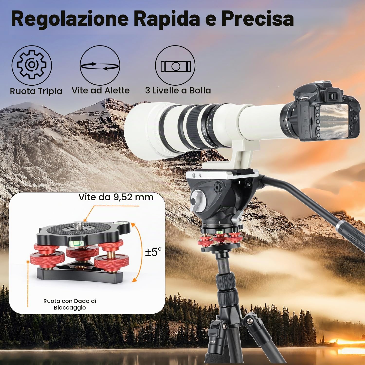 Koolehaoda Base di livellamento con livella a bolla e vite da 3/8", 3 quadranti con regolazione di precisione di +/-5 gradi, costruzione in lega di alluminio per treppiede per fotocamera