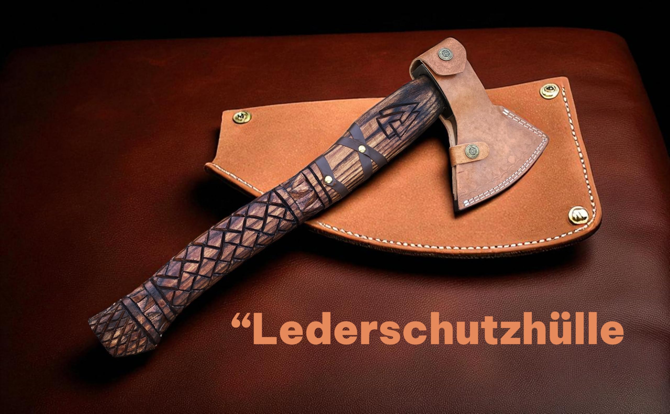 Novahaven Thorvald Hacha de lujo forjada a mano de madera de fresno inglesa, hoja de acero al carbono con grabado vikingo | camping, caza y ocio