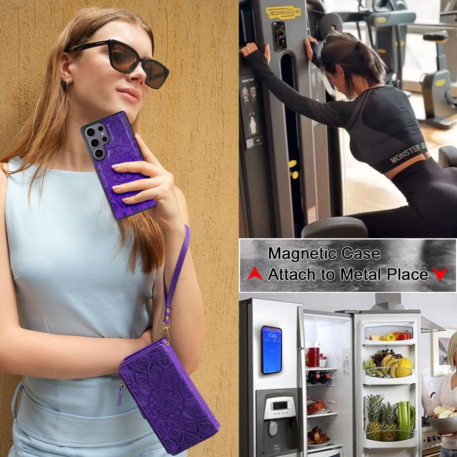 Harryshell Compatible with Samsung Galaxy S25 Ultra Wallet Case Detachable Phone Cover with Zipper Cash Coin Pocket Multi Card Slots Holder Wrist Strap Lanyard 6.9 inch (Floral Purple)