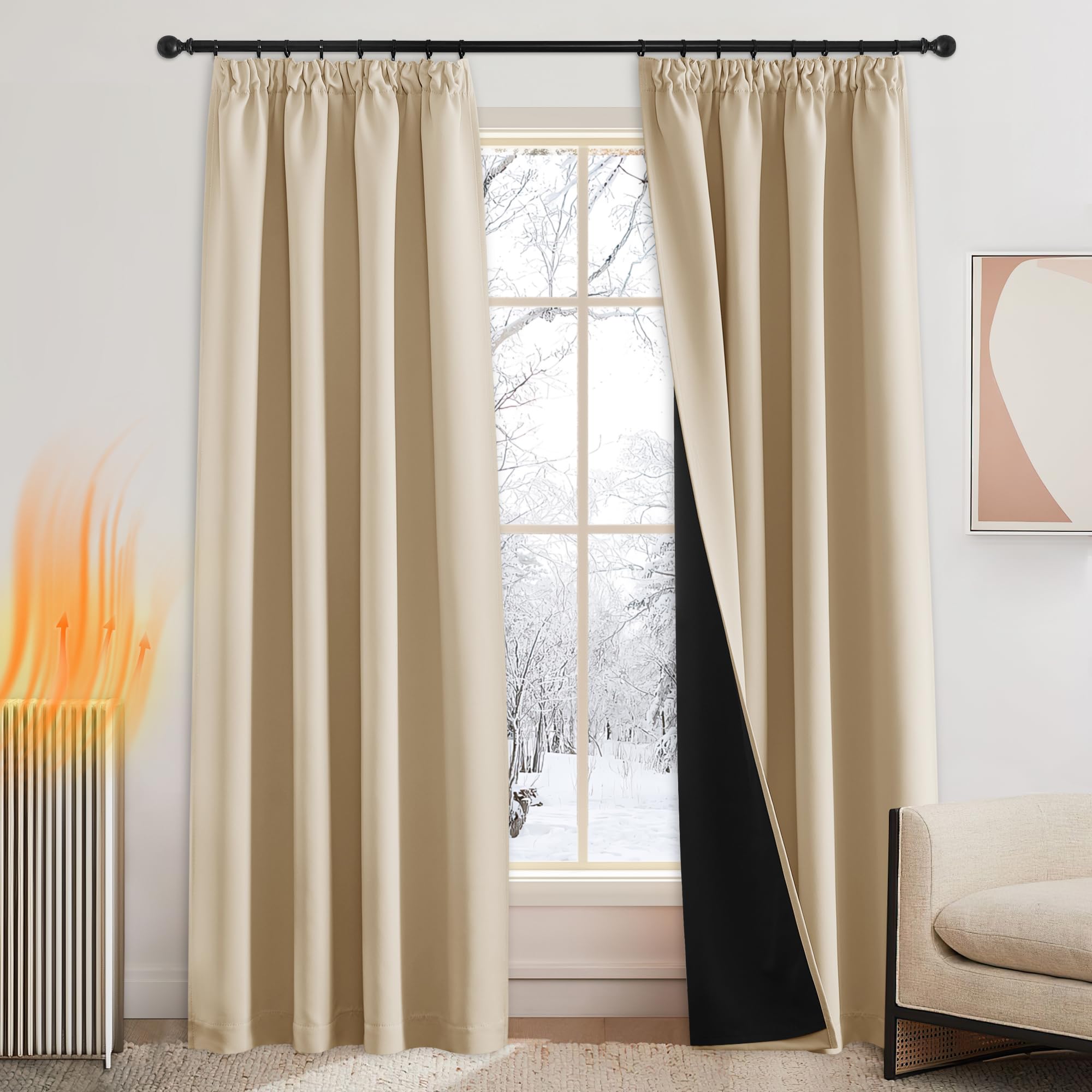 PONY DANCE Cortinas Salon Opacas 2 Piezas Cortinas Termicas Aislantes Frio y Calor 140x245 CM Cortina 100% Blackout para Riel con Ganchos Cortinas Dormitorio Matrimonio, Beige Oscuro
