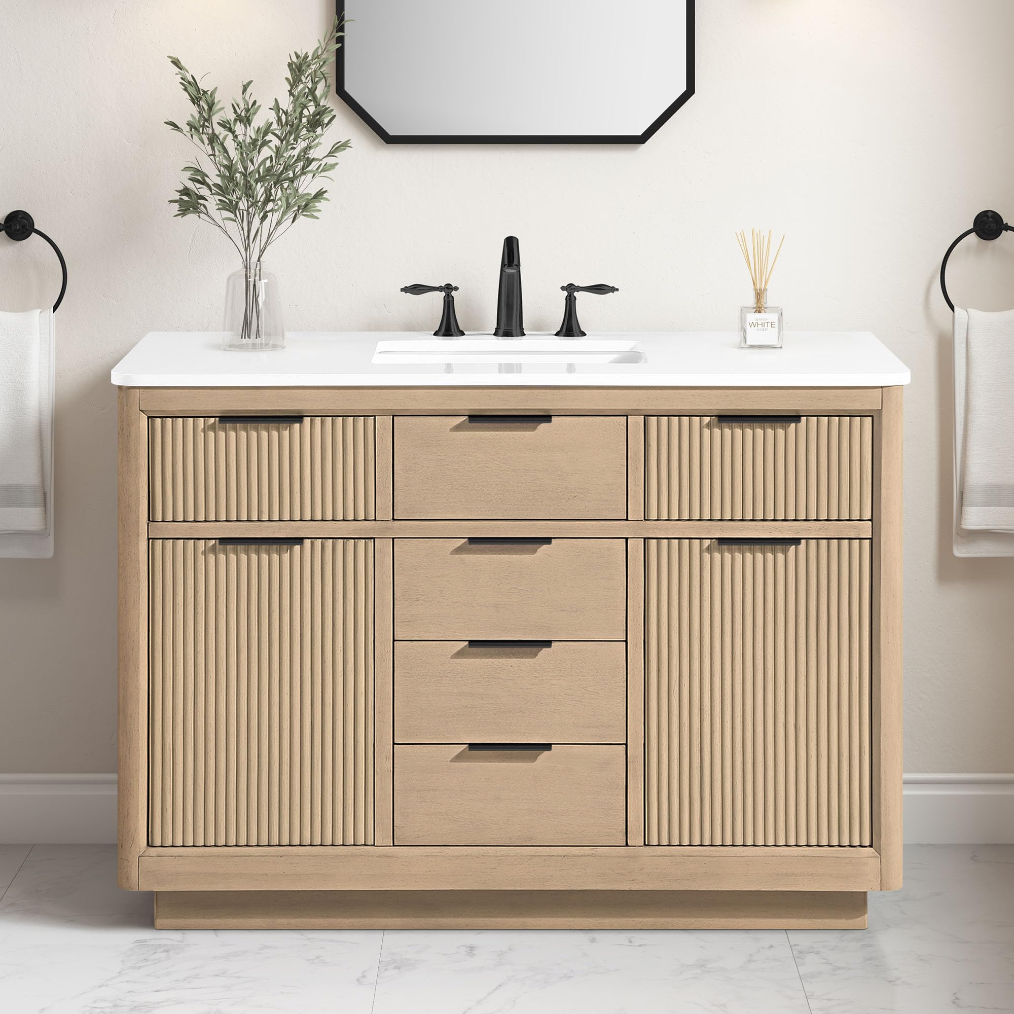 OVE Decors Xander 48" Sahara Birch Bathroom Vanity, Matte Black Hardware