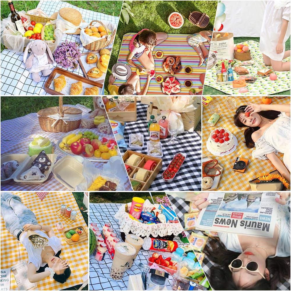 Tyuodna Large Picnic Blanket 200 x 200 cm,Beach Blanket Waterproof and Sand Proof with Carrying Handle,Foldable Picnic Blanket Large Padded,Beach Mat Picnic Mat Machine Washable (black white grid) - Image 4