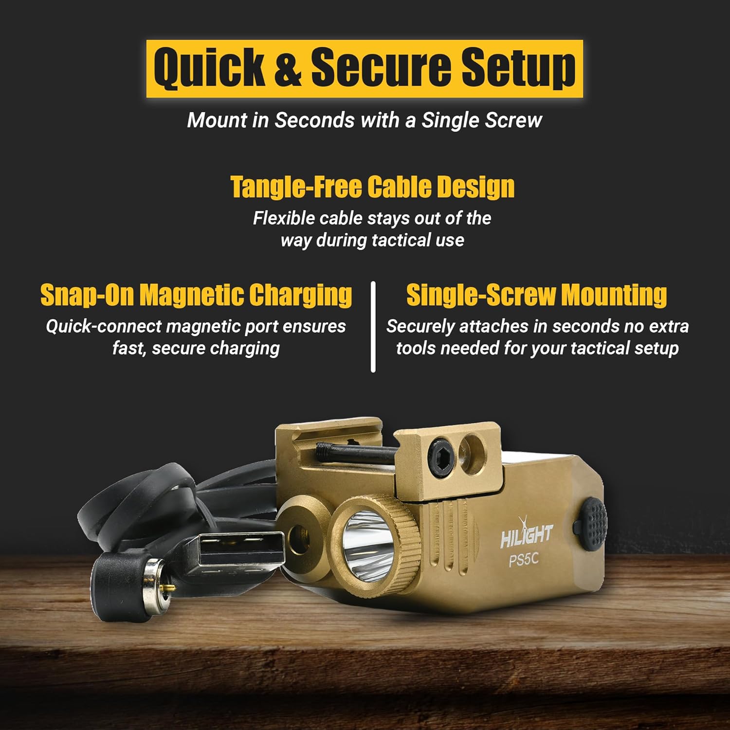 HiLight Tactical PS5C TAN - 400 Lumen Strobe Flashlight & Cyan Laser with Aircraft Aluminum & Magnetic Charger, Rail Light & Laser Class IIIA, <5mW