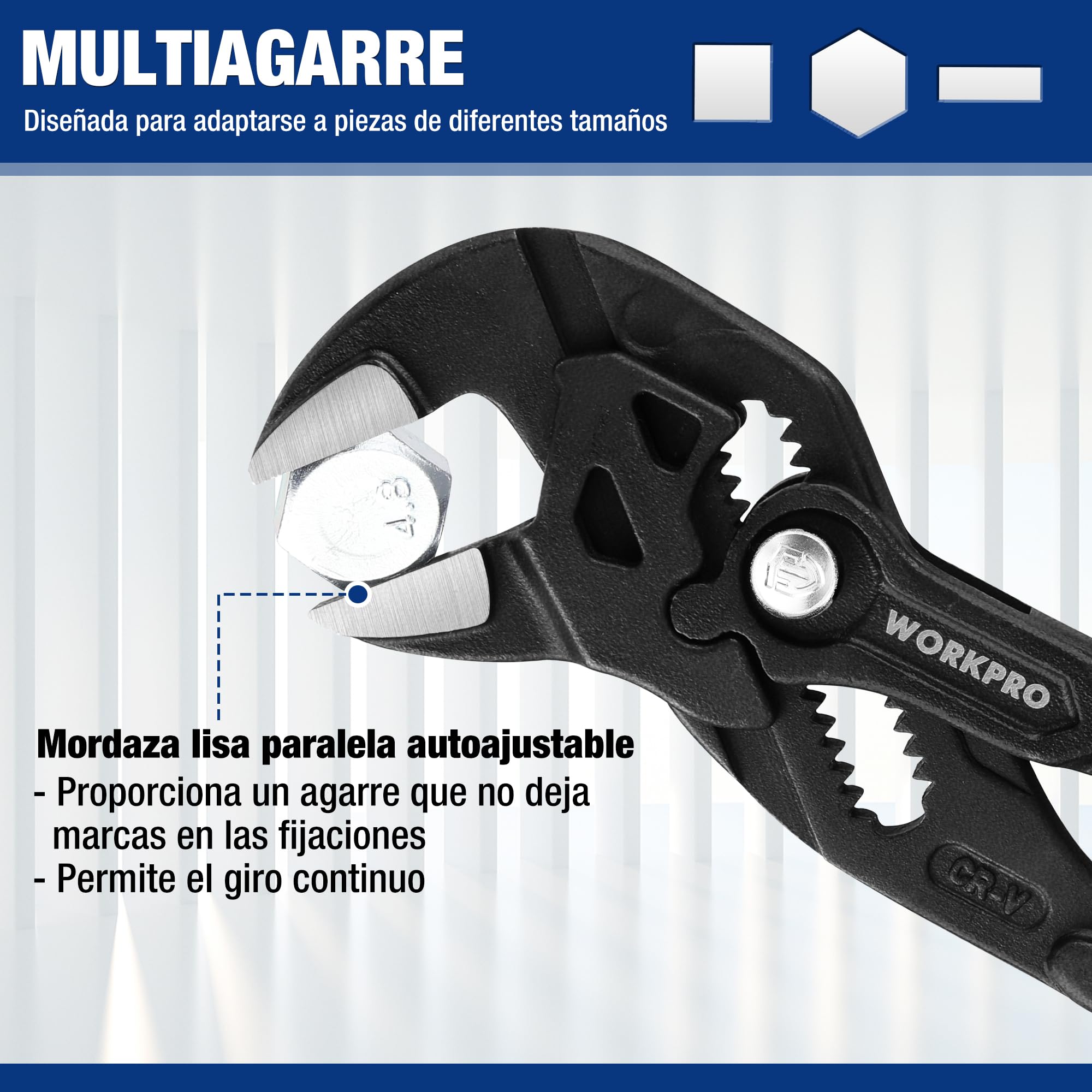 WORKPRO Tenaza Llave de 2 Piezas, 180mm/255mm, Juego de Llave de Alicate de Cr-V, Llave Ajustable, Tenazas con Mandíbula de Autoajuste, Apertura Máxima de Mandíbula 40mm/50mm