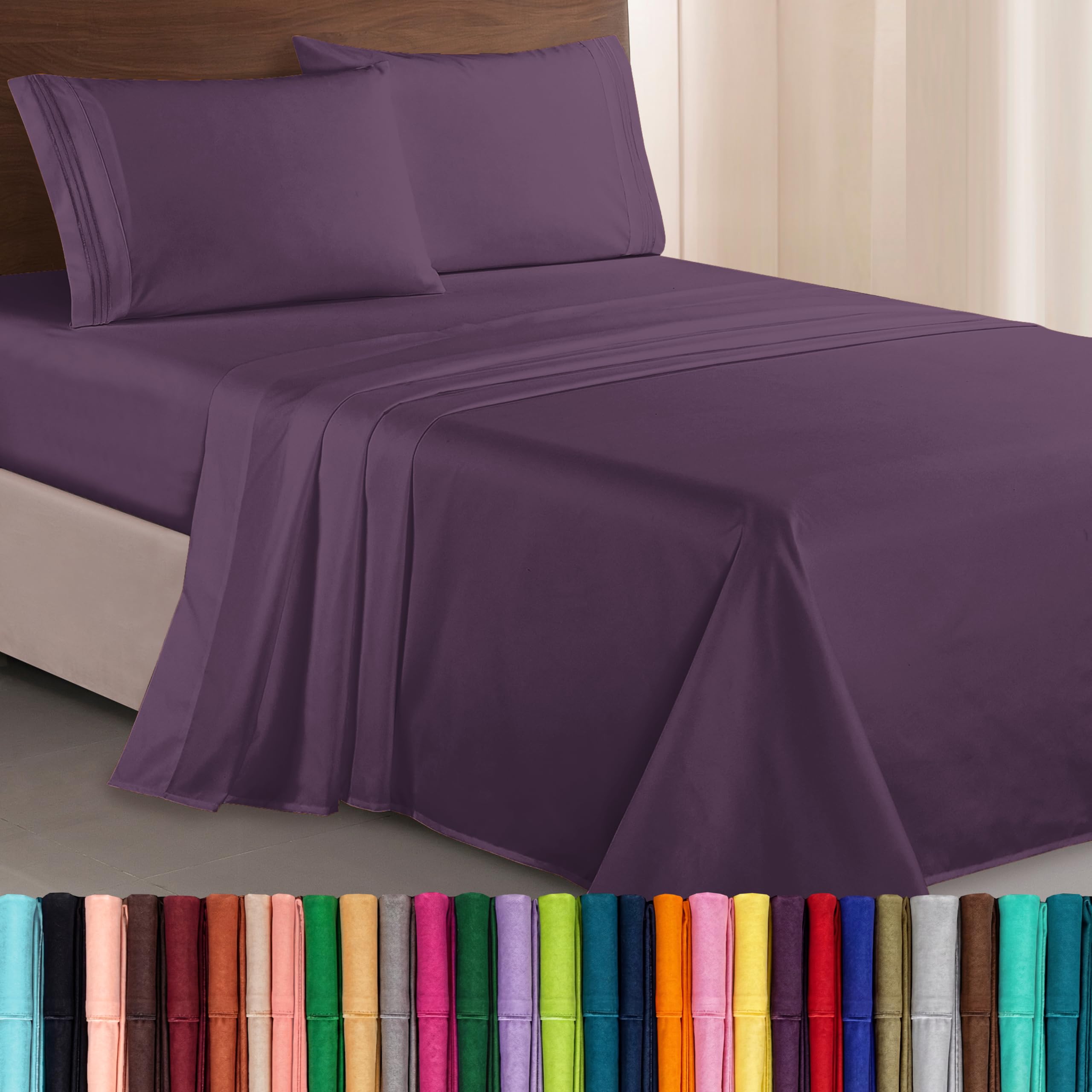 Elegant Comfort Luxurious 1500 Premium Hotel Quality Microfiber Three Line Embroidered Softest 4-Piece Bed Sheet Set, Wrinkle and Fade Resistant, Queen, Eggplant-Purple-image-29