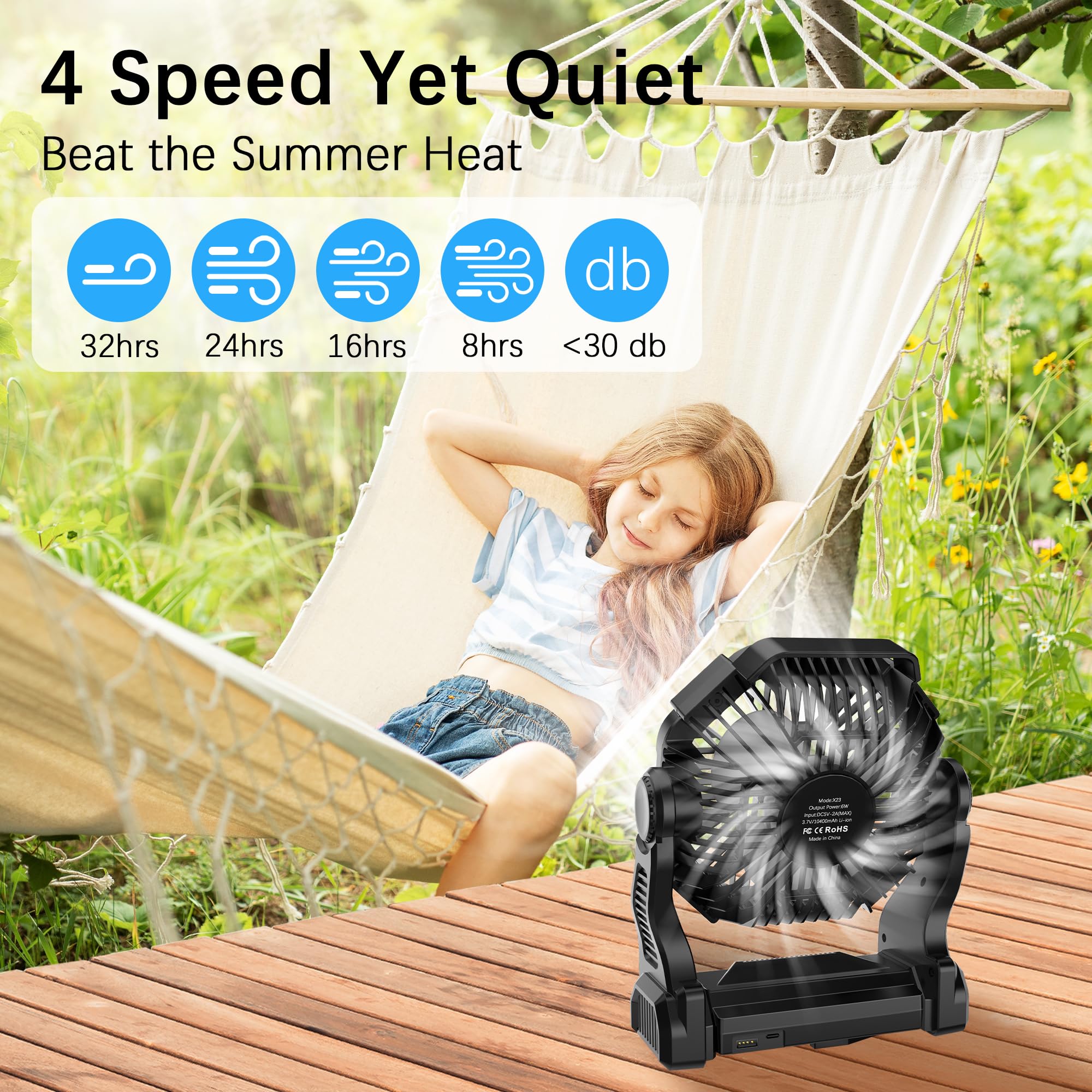 Kssvzz Ventilatore da Campeggio, Ventilatore Portatile con Luce LED, Ventilatore da Tavolo con 10400mAh Batteria Ricaricabile, 270° Regolabile e Gancio, Ventilatore USB per Esterno Campeggio(Nero)