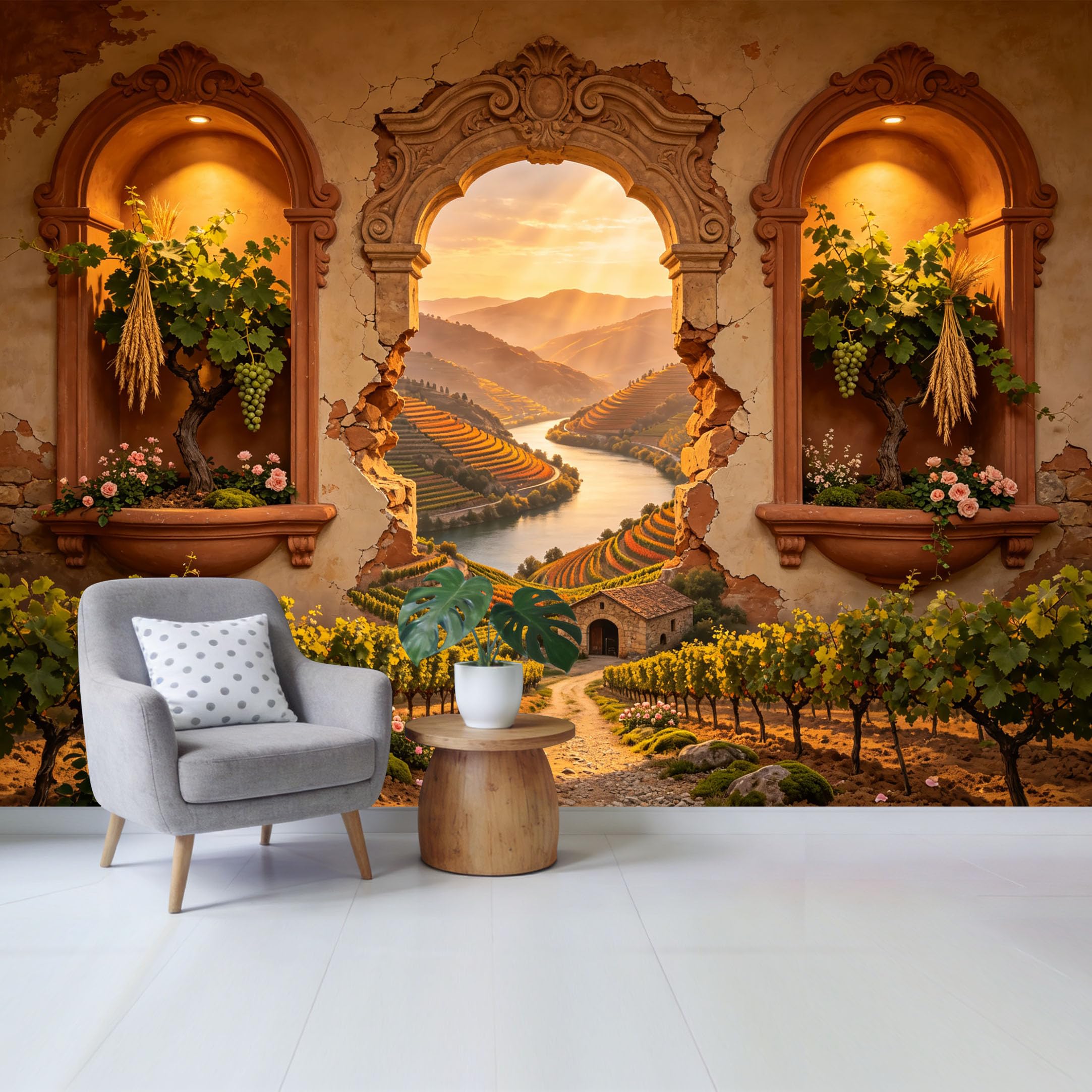 Removable Self Adhesive Fabric Mural， Tuscan Vineyard Landscape Custom Size Wall Covering， UV Protected Waterproof Washable Wall Decor for Living Room Bedroom Bathroom