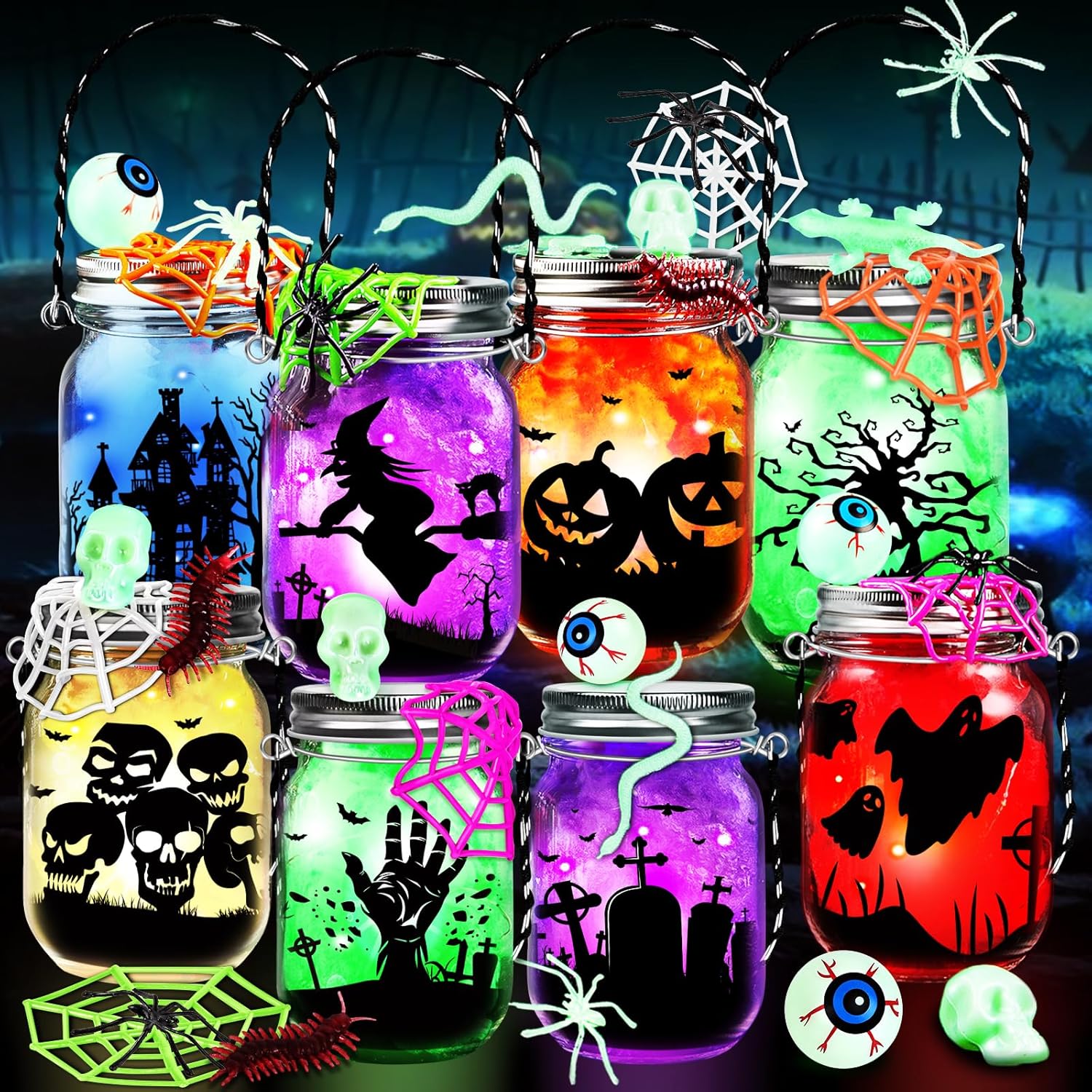 AuroTops Halloween Crafts for Kids,8 Pack Halloween Mason Jar Kit with Accessories for Kids DIY Kit,Art Activities Gifts for Kid Party Favors Decorations for Classroom,Trick or Treat Toy