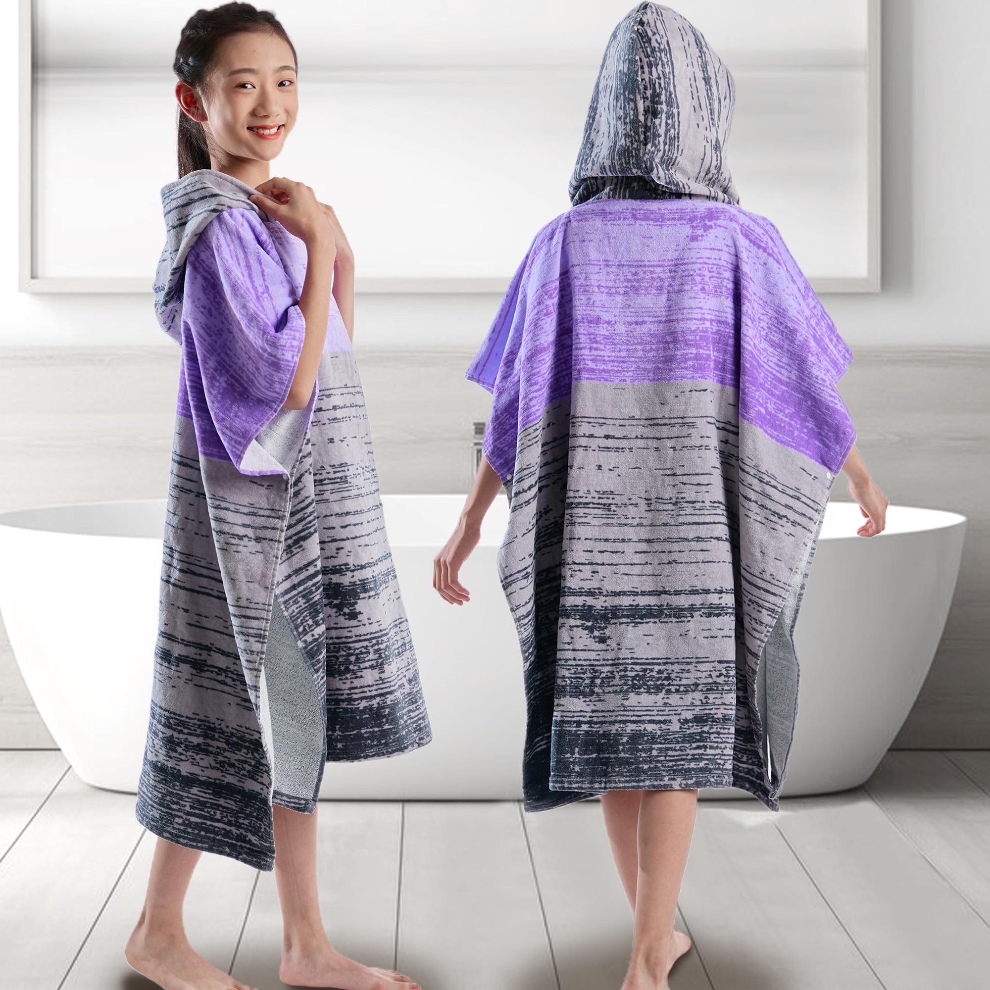 VOOVA & MOVAS Teens Poncho Towel with Hood - Teens Hooded Pool Towel Robe (8-16Years), Large and Absorbent Cotton - Versatile for Beach, Pool, Swim, and Bath, Purple & Grey Teens(8-16Years) Bar-purple Grey