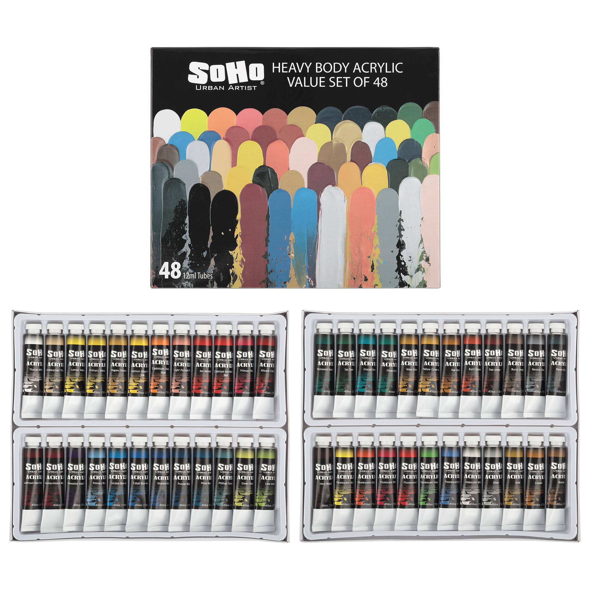 Soho Urban Artist Acrylic Paint - Thick, Rich, Water-Resistant, Heavy Body Paint, Assorted, Set of 48-12mL