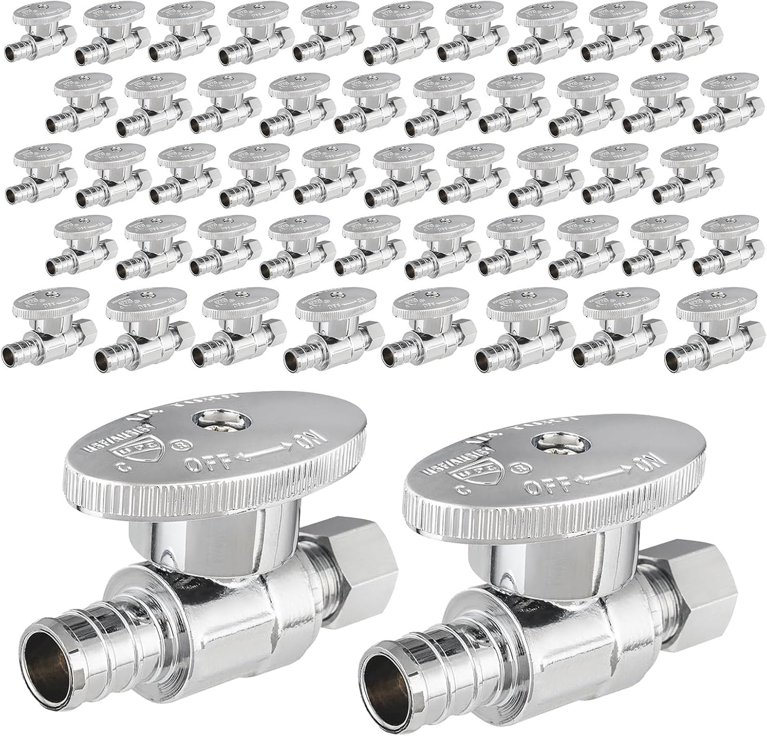 (Pack of 50) Seelink Pex Crimp 1/4 Turn Straight Stop Valve, 3/8" OD Compression x 1/2" Pex Barb Crimp (F1807), Chrome Plated Brass(VALVE085-50Pack)