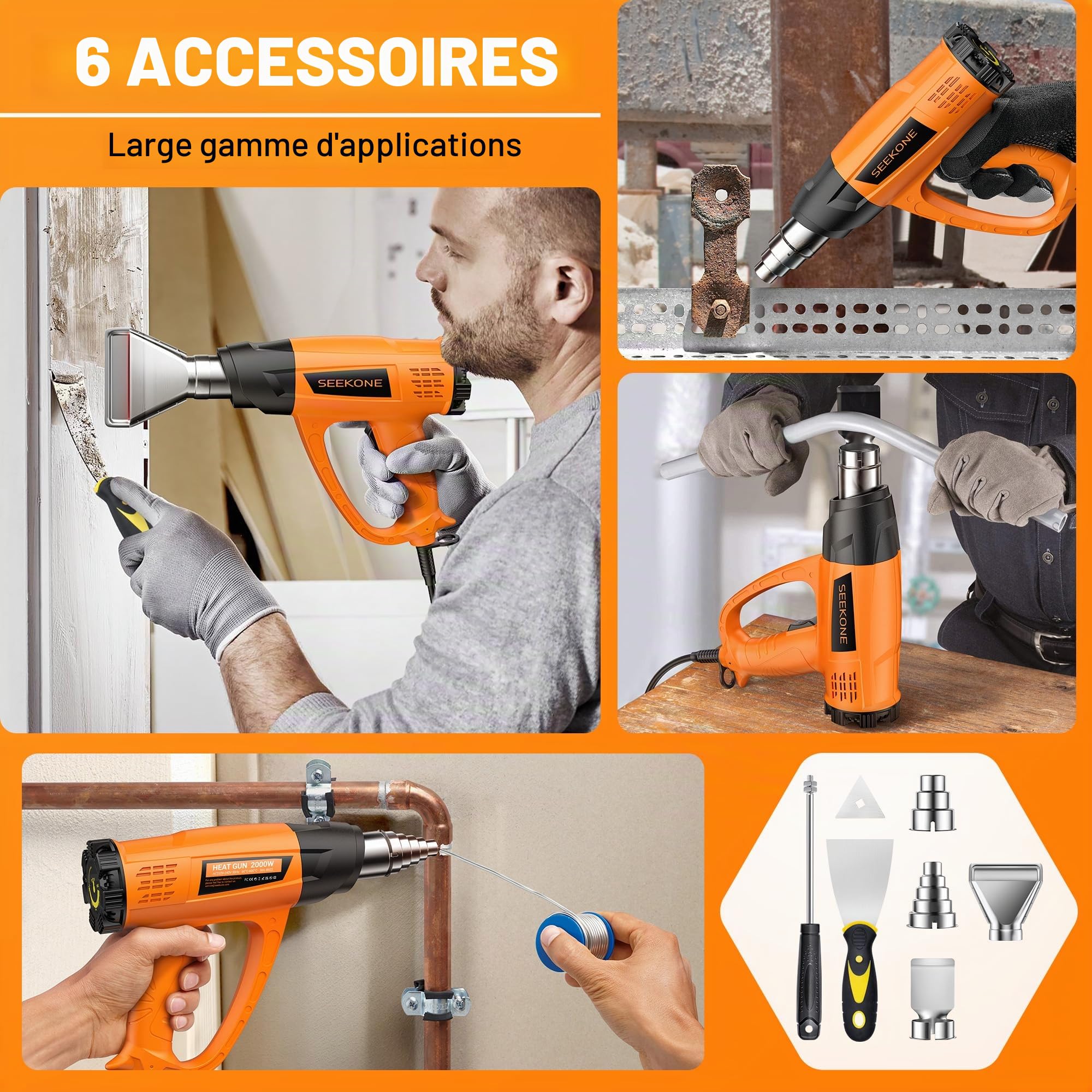 Décapeur Thermique Professionnel 2000W, SEEKONE Pistolet à Air Chaud 60-600℃ Température Réglable, 2 Débit d'air, Protection de Surcharge, Noyau Chauffant Céramique, Poignée Anneau, 7 Accessoires