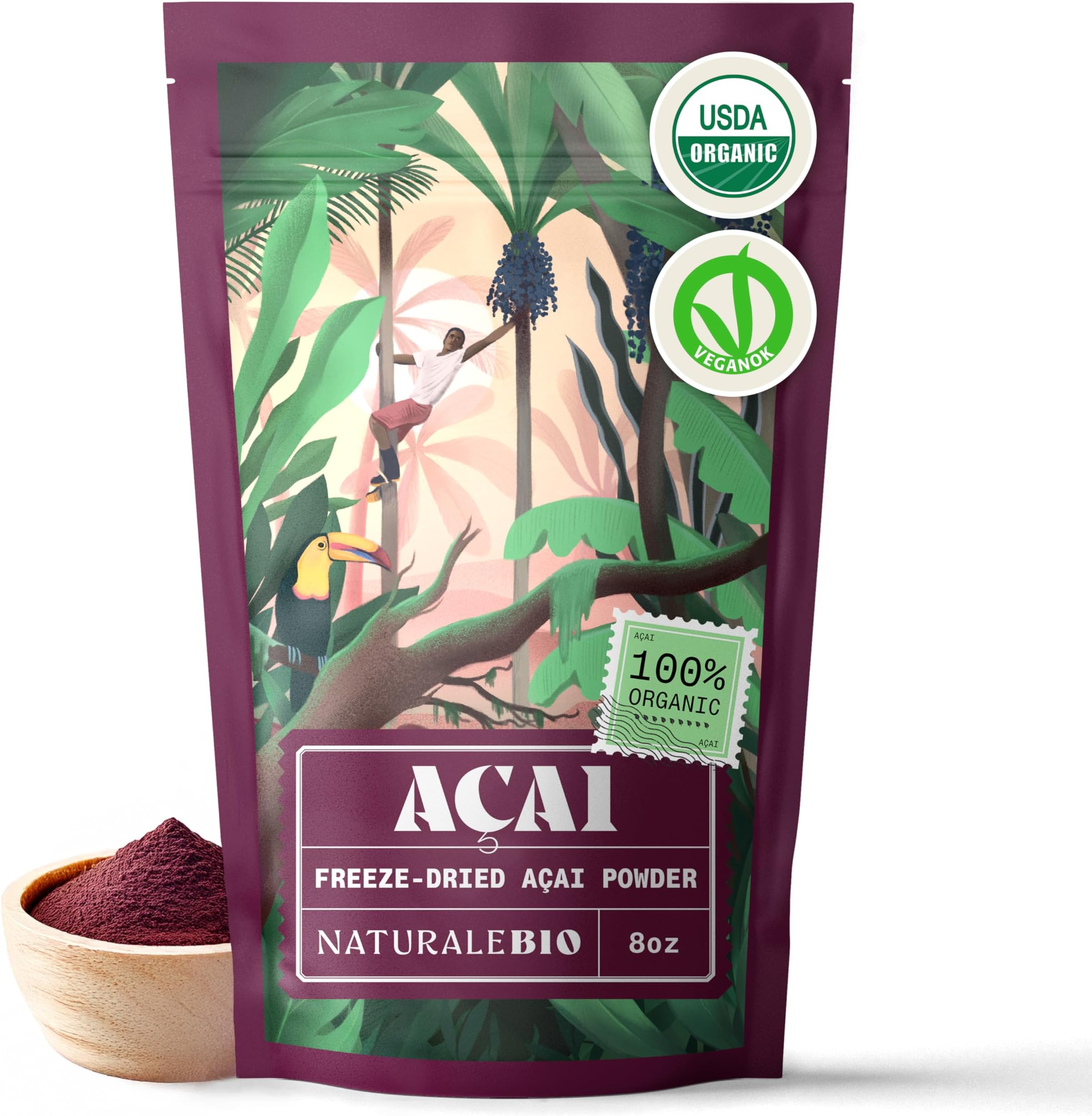 Organic Acai Powder - 8oz Freeze Dried Acai Berry Powder (Freeze Dried) from Brazil - Raw Food from Acai Fruit, Extract from Pulp of Acai Berries