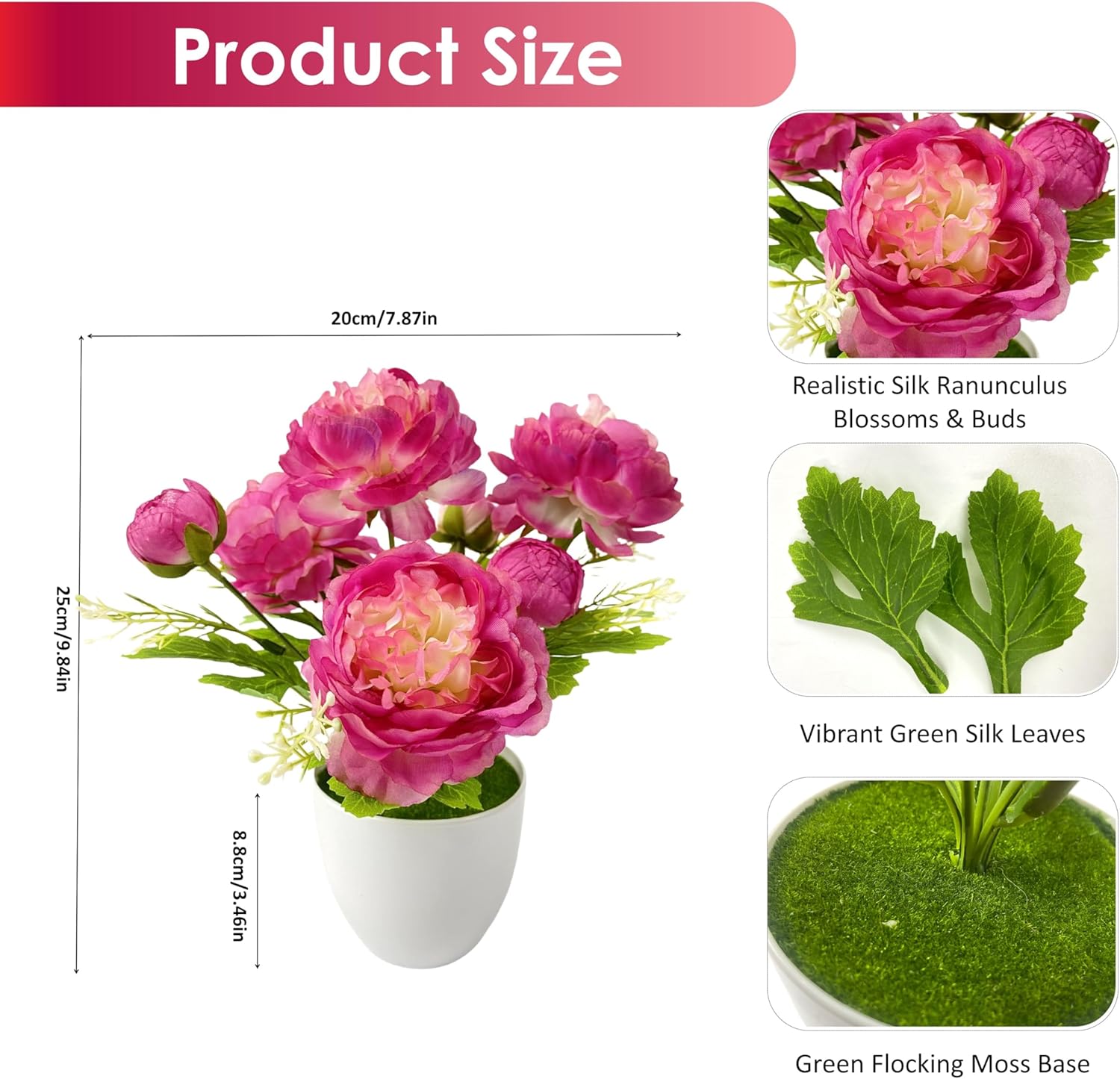 2 Packs Small Potted Silk Artificial Flowers, Fake Potted Ranunculus Plants for Home Desk Decor Wedding Centerpiece, Real Touch Indoor Plants with Lightweight Pots (Rose Red) - Image 5