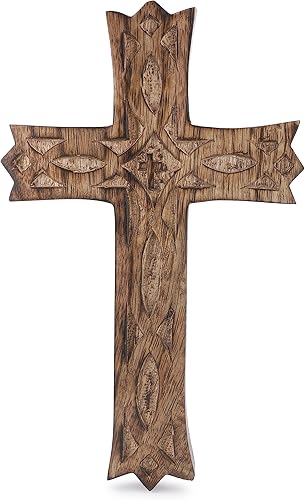Miniatura 8 de Ajuny Cruz tallada a mano Cruz de madera maciza de pared para Navidad, regalos de cruz religiosa espiritual cristianos con gancho en la pared