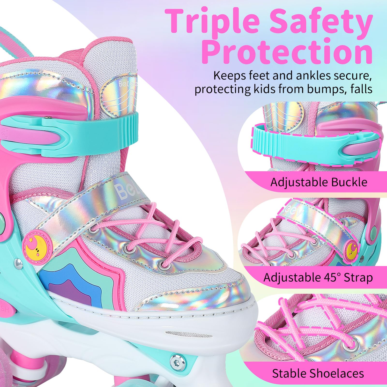 BELEEV Kids Roller Skates for Girls, 4-Size Adjustable Quad Skates with 8 Light-Up LED Wheels & Bonus Shoe Lace, Safe & Fun for Toddlers Children Beginners, Ideal Birthday