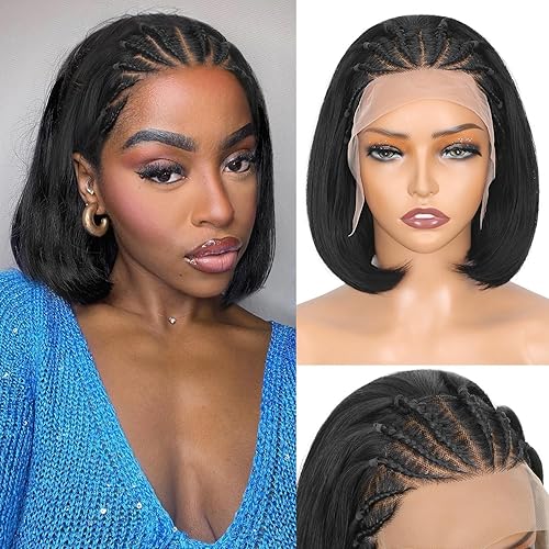 Lady Miranda 13x4 Glueless Cornrow Bob Wig for Black Women Synthetic Lace Front Wig Handmade Braided Wigs for Black Women Natural Black Short Straight Bob Wigs