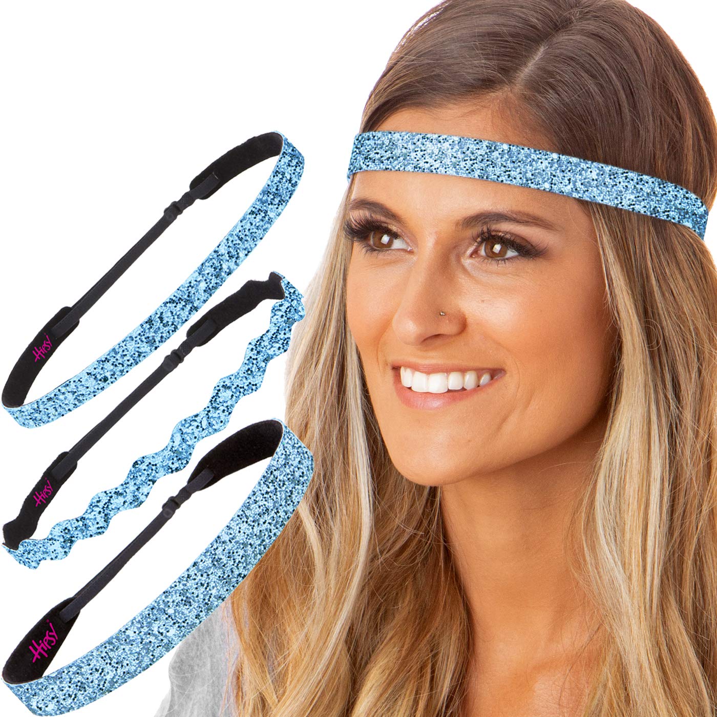 Hipsy PETITE Size, Adjustable No Slip Sparkly Bling Mixed 3pk Headbands for Women Girls & Teens (Bling Glitter Mixed Light Blue)