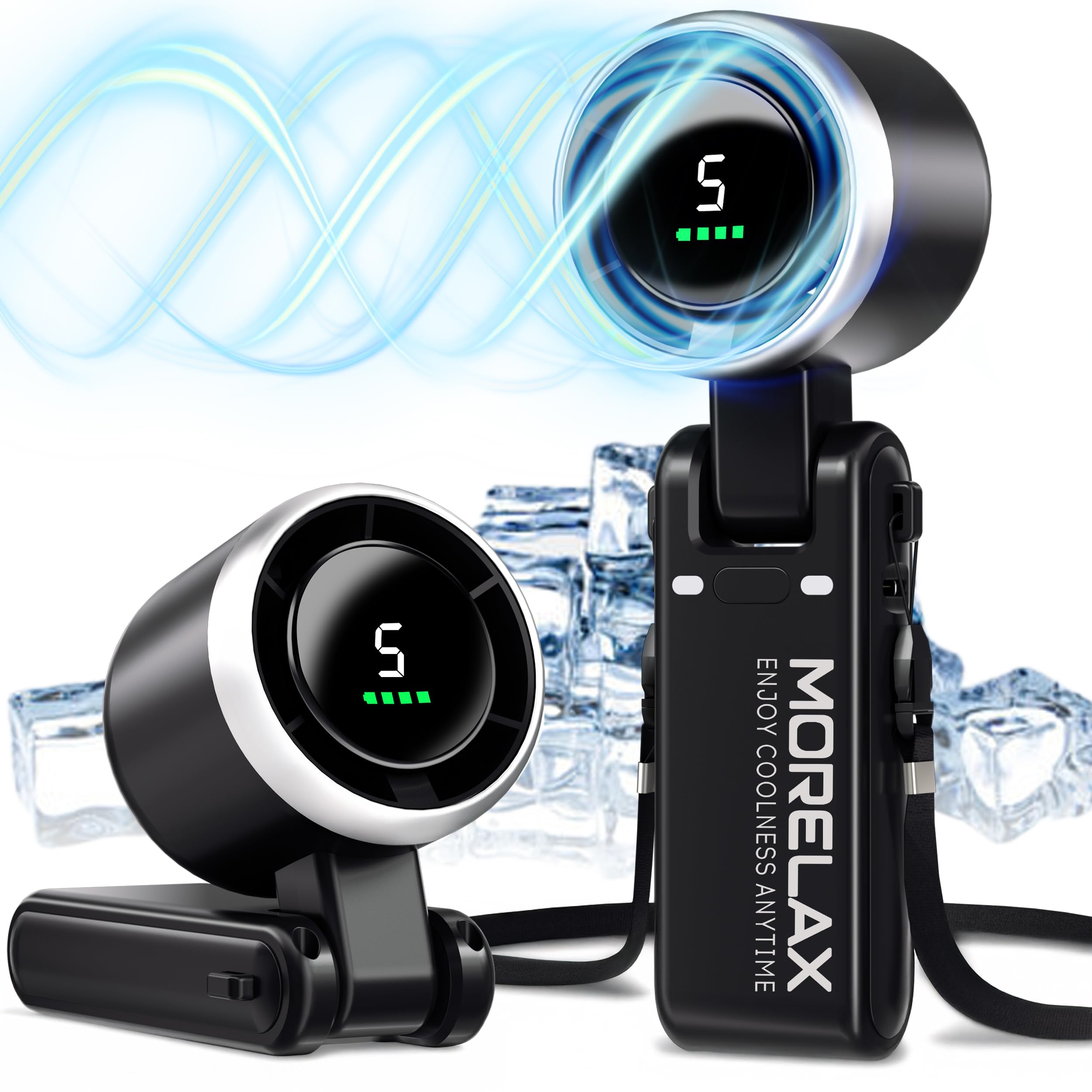 Morelax Przenośny wentylator ręczny, chłodzenie Turbo 10 m/s, 5 prędkości z wyświetlaczem LED, 4000 mAh, składany wentylator na biurko/szyję/kieszeń do podróży, makijażu, na zewnątrz, czarny